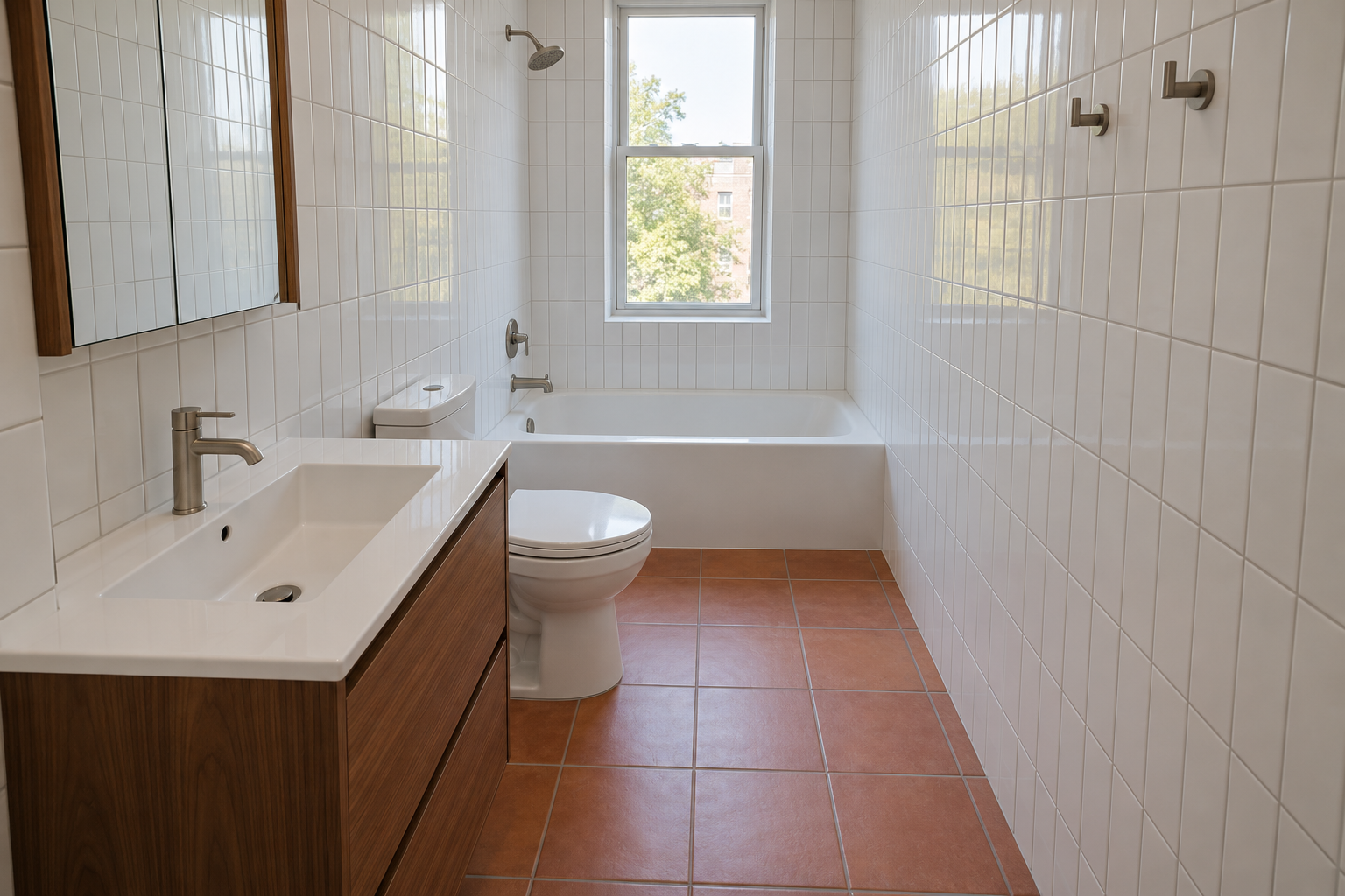 A narrow bathroom with the vanity, toilet, and bathtub lined up along one wall and a clear aisle down the other side.