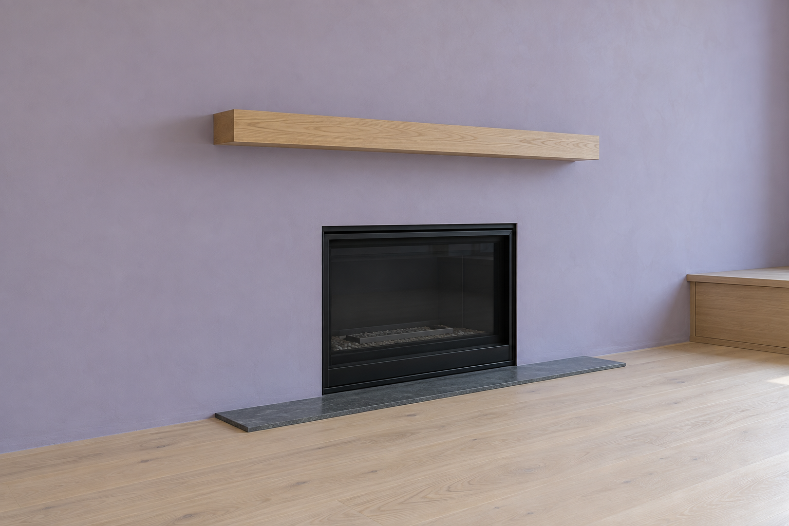A gas fireplace with a glass front and a deep pale oak beam mantel mounted well above it on a lilac wall.