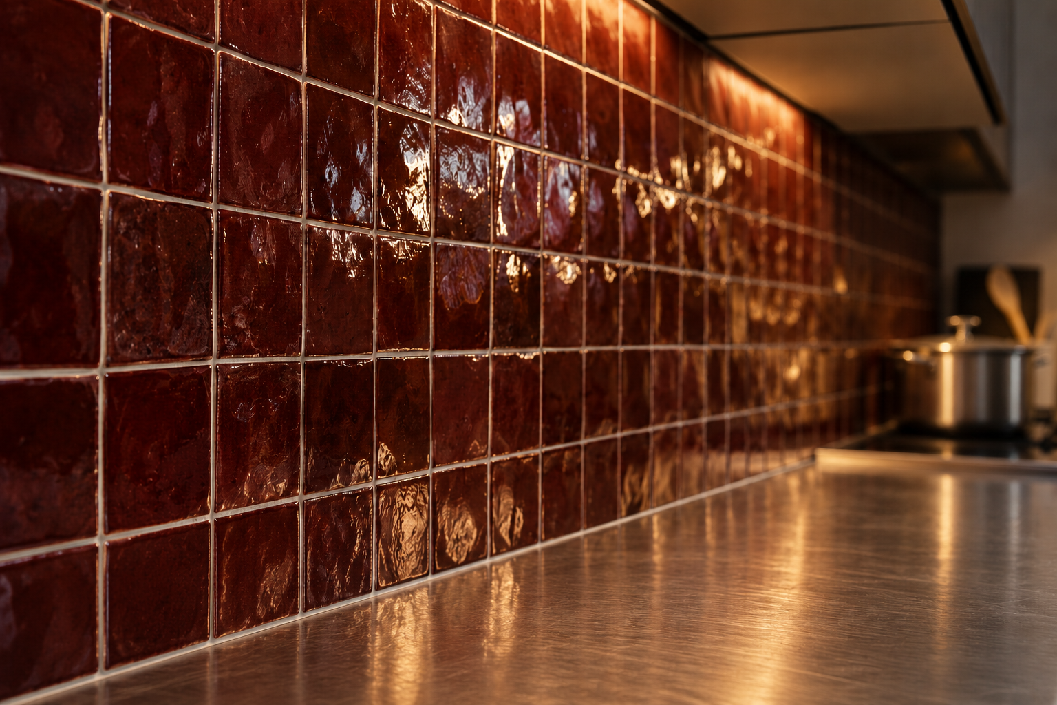 Oxblood glazed tiles behind a steel kitchen counter, each tile catching its own small highlight from a light above.