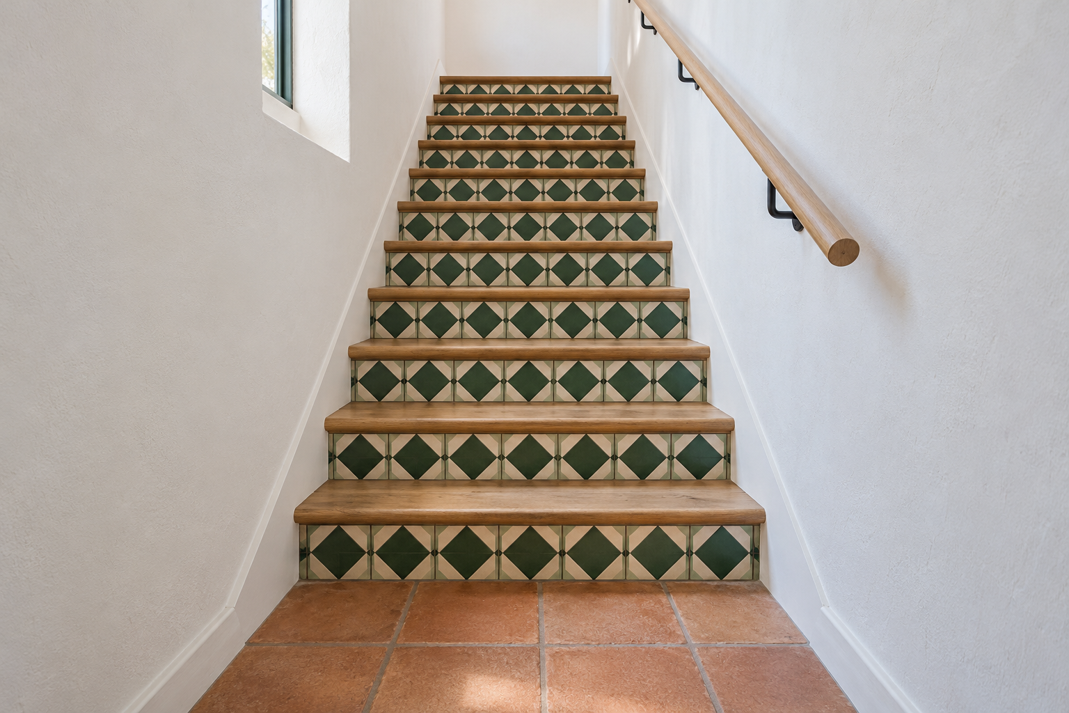 A staircase with green and cream patterned tiles on every riser and plain oak treads, between white plaster walls.