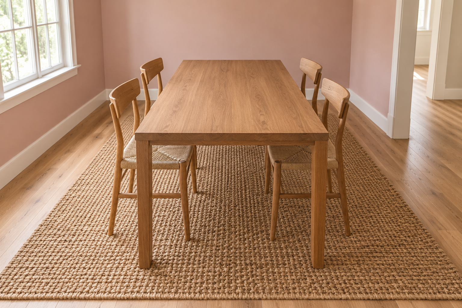 A natural jute rug with a chunky weave under an oak dining table and four chairs, wide enough that the chairs' back legs stay on it.