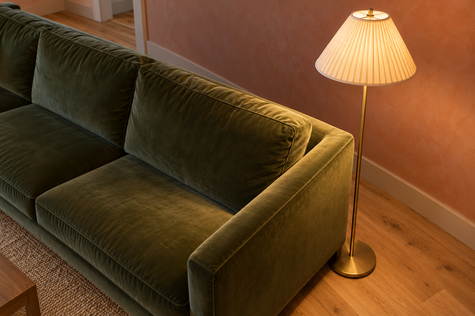 A view from behind and above a velvet sofa showing the floor lamp standing just behind the line of the sofa's arm, its light falling across the end seat.