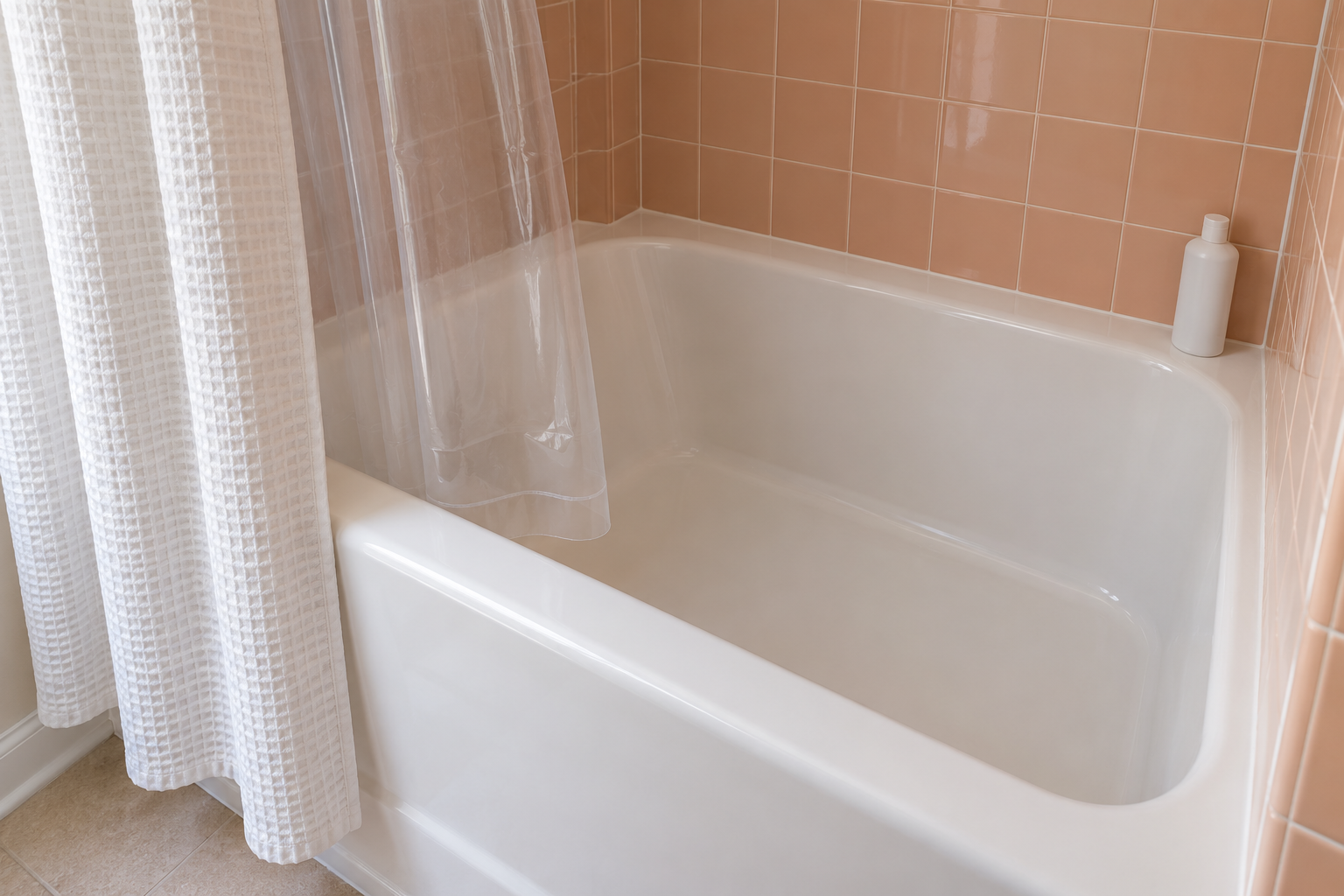 A view down into a white tub, with a clear shower liner hanging inside the rim and a white waffle curtain hanging outside over the tub's front.