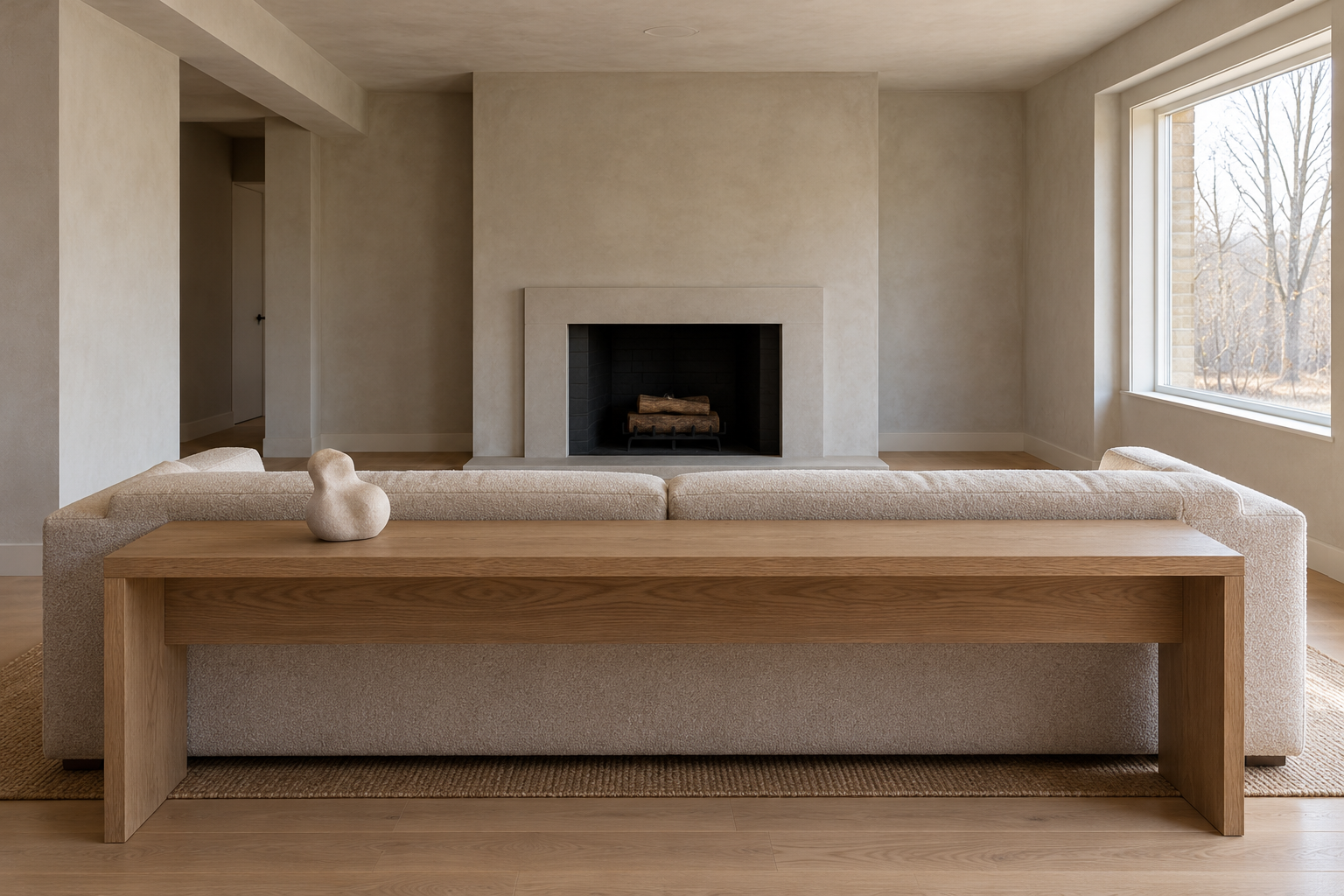 A low-backed oatmeal wool sofa with a long low ash console behind it, its top level with the low sofa back, in a warm gray room.