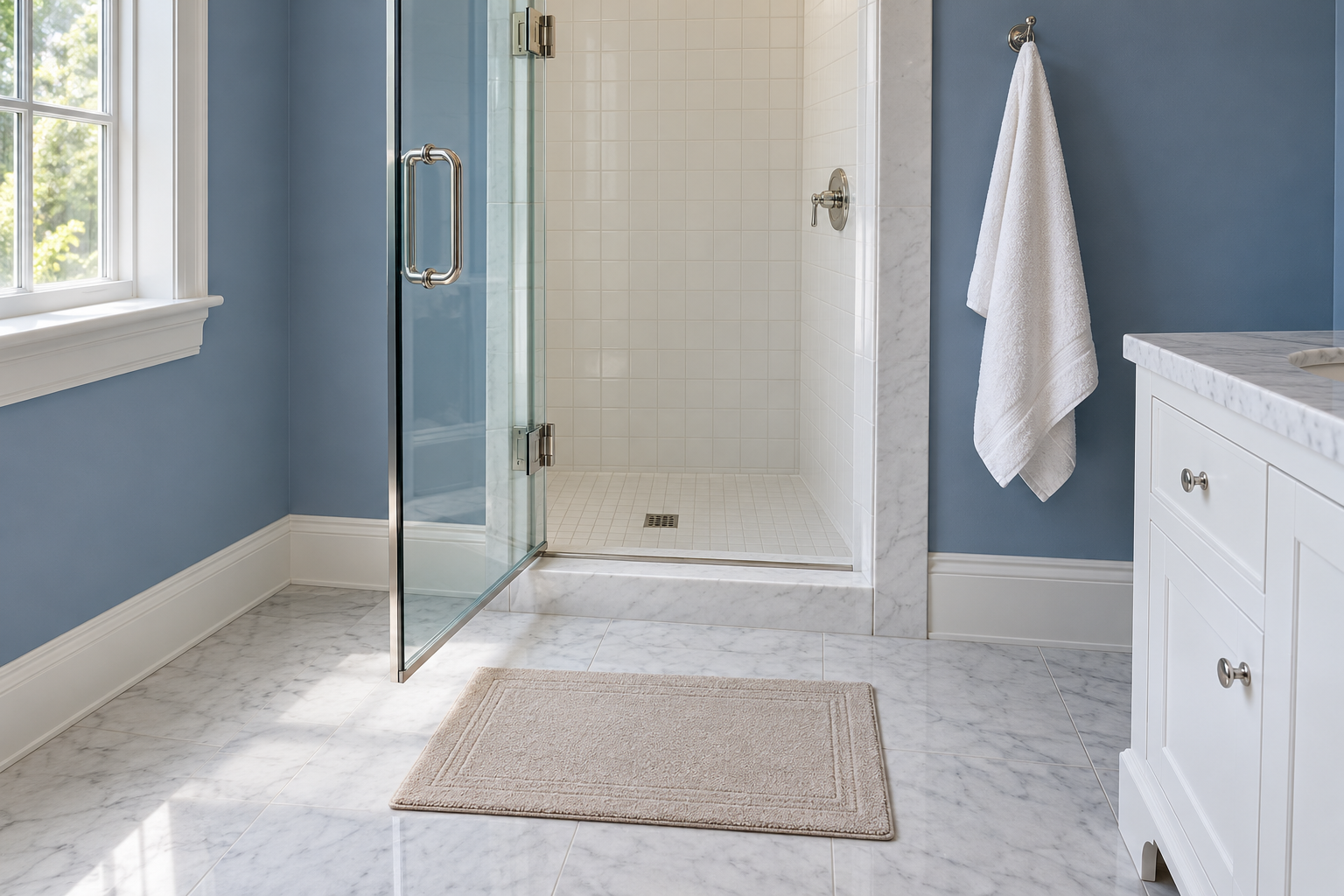 A glass shower with its hinged door open outward, and an oatmeal cotton bath mat set a little out from the shower's threshold, clear of the open door's edge, where someone steps out.