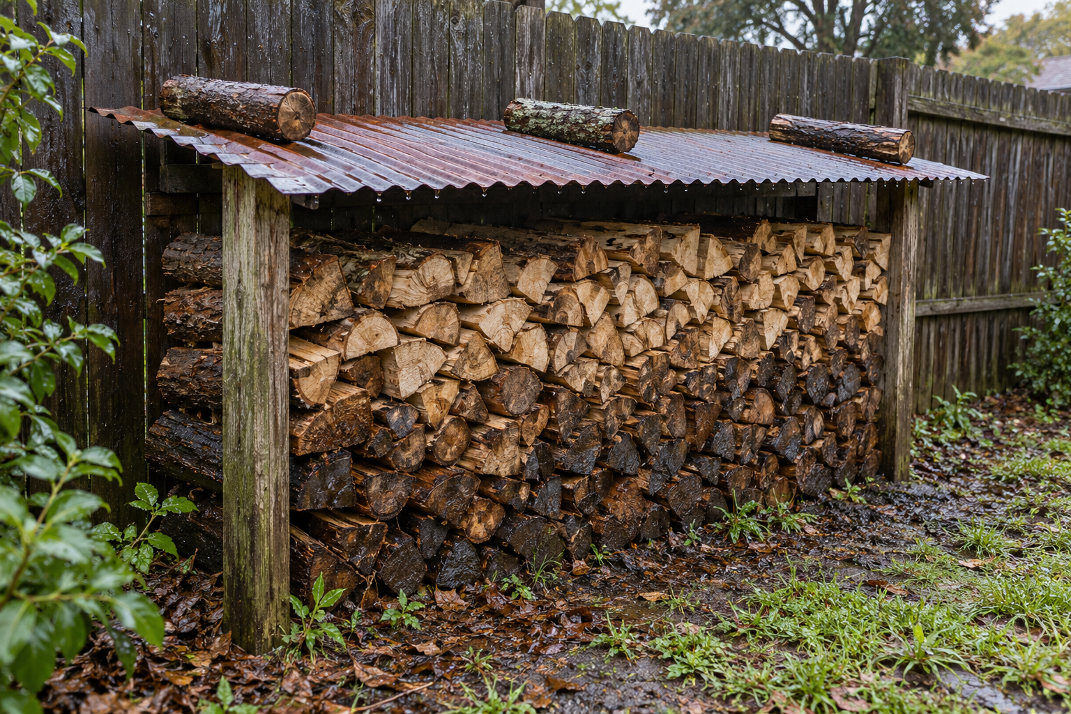 A firewood stack with a sheet of rusted corrugated steel weighted on top and its sides left open, after rain.