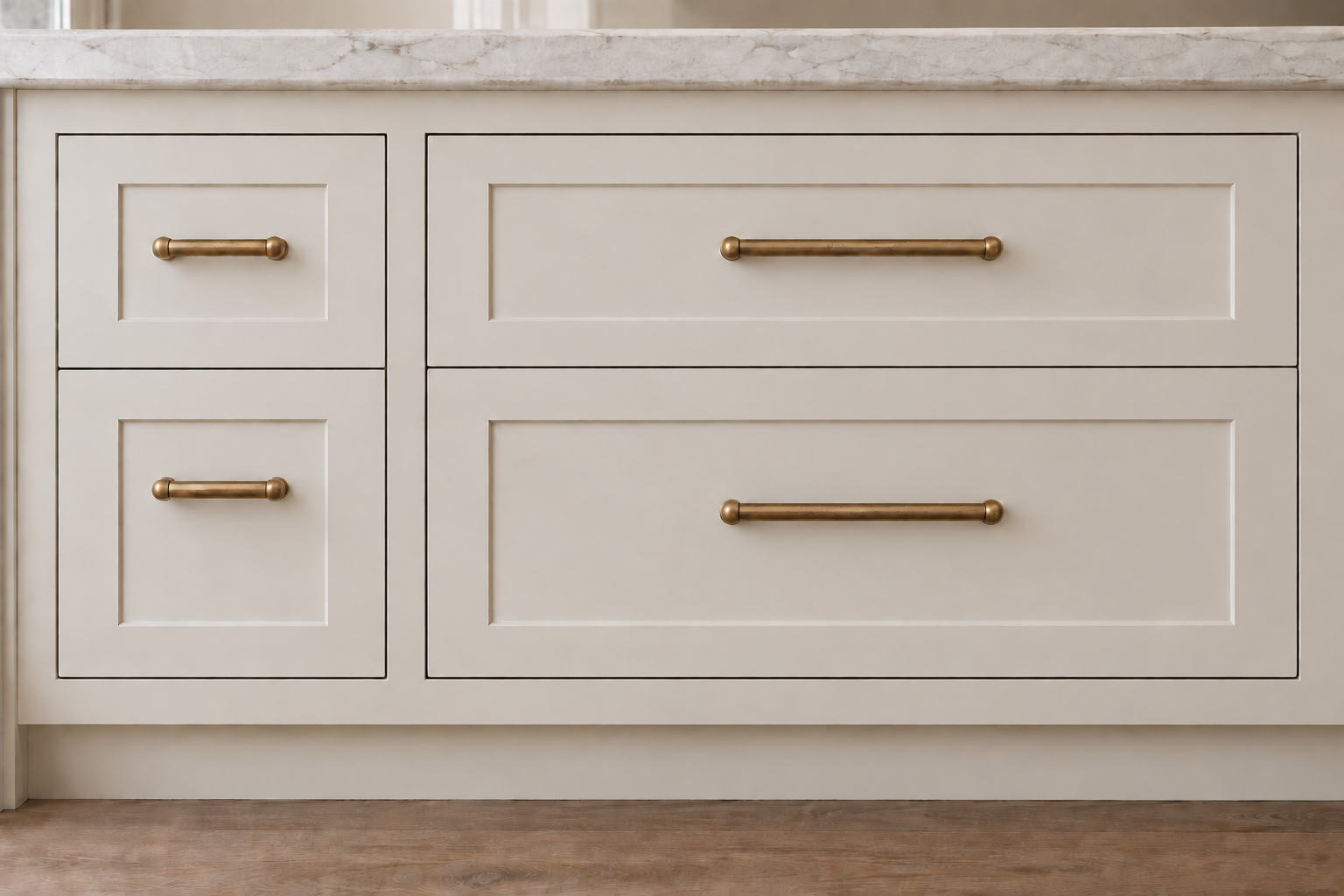 A narrow kitchen drawer with a short brass pull beside a wide drawer with a long one, both about a third of the drawer width.