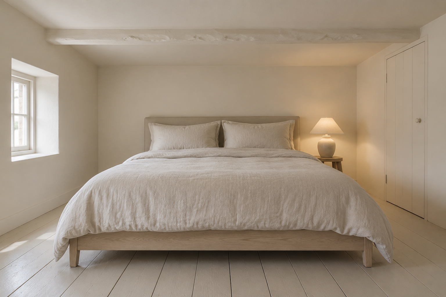 A low cottage bedroom with walls, beam, trim, and ceiling all painted the same oyster white.