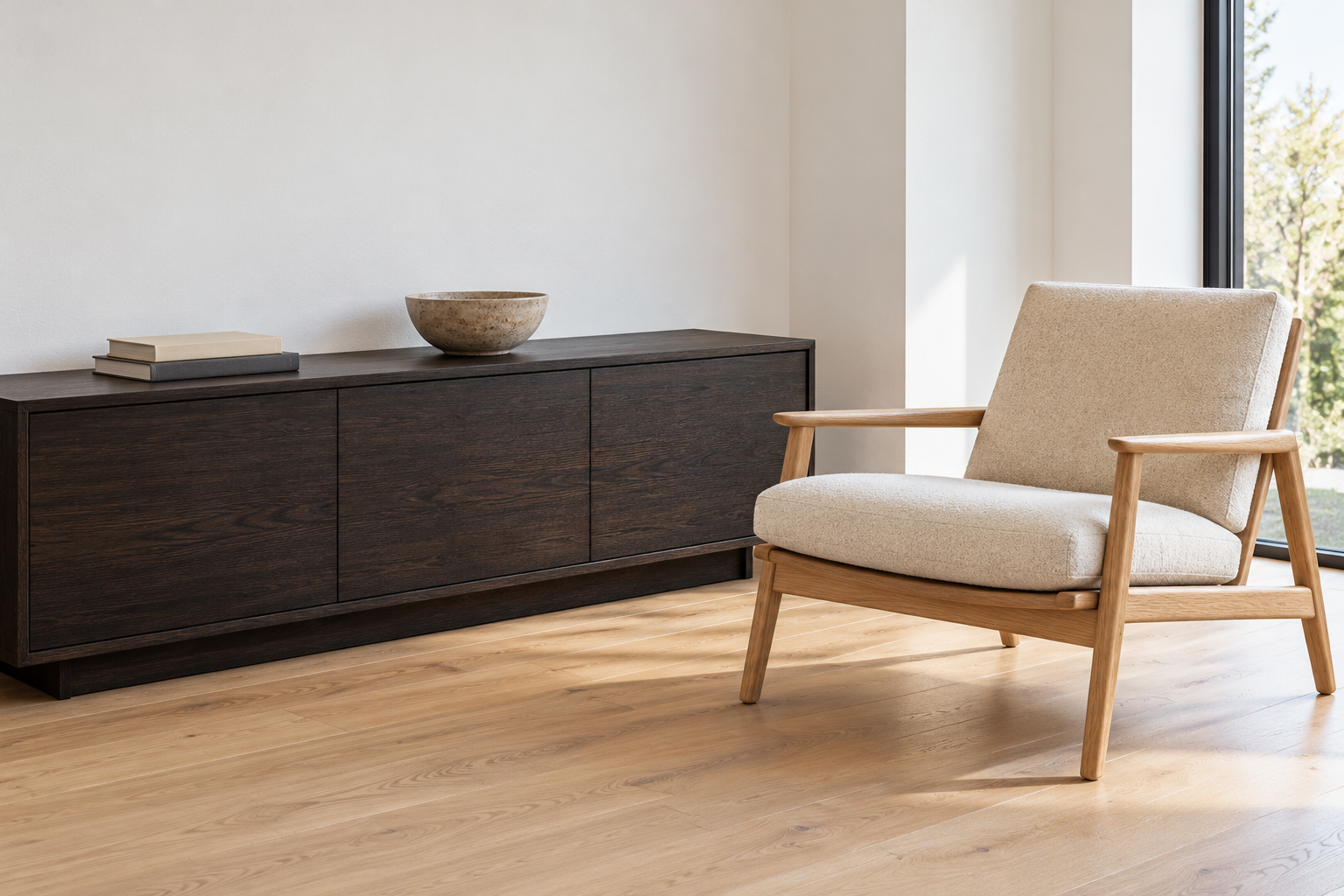 A low sideboard in dark stained oak with visible grain beside a pale oak lounge chair with a cream seat, on a pale oak floor against a white wall.