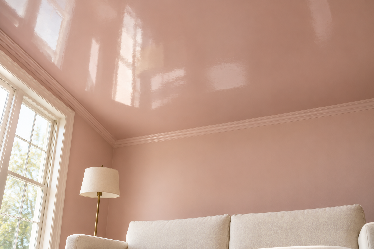 A living room ceiling painted pale pink in a high-gloss finish, softly reflecting the window light and the room below.