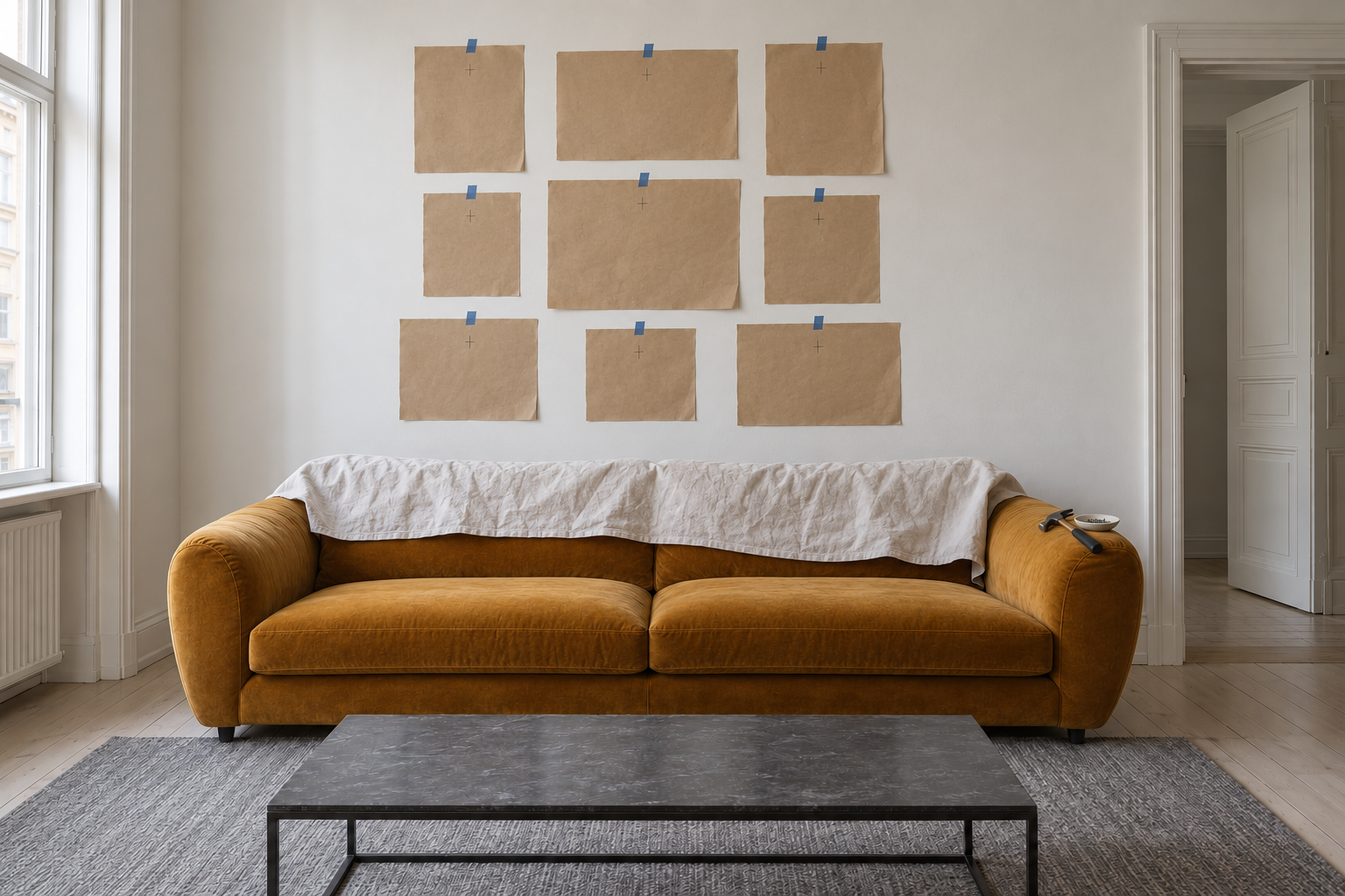 Nine kraft paper templates taped to a wall above a sofa in the layout of a gallery wall, each marked with a small cross.
