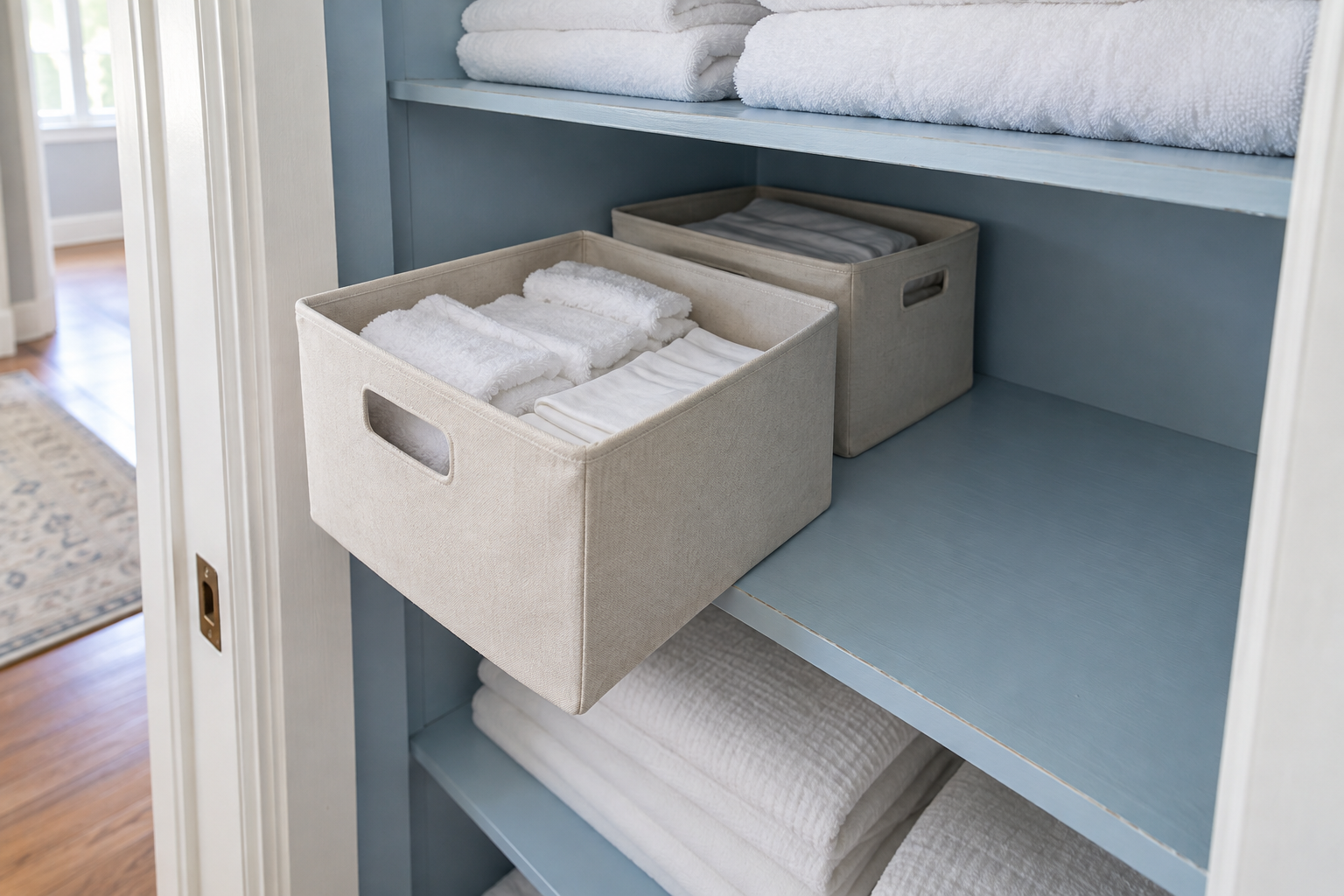 A canvas bin of washcloths pulled forward from the back of a deep powder-blue closet shelf.