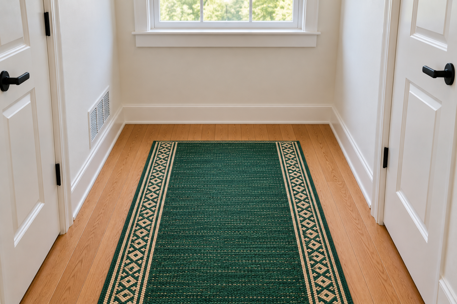 The end of an emerald runner stopping several inches short of a hallway's end wall, with oak floor showing on three sides.