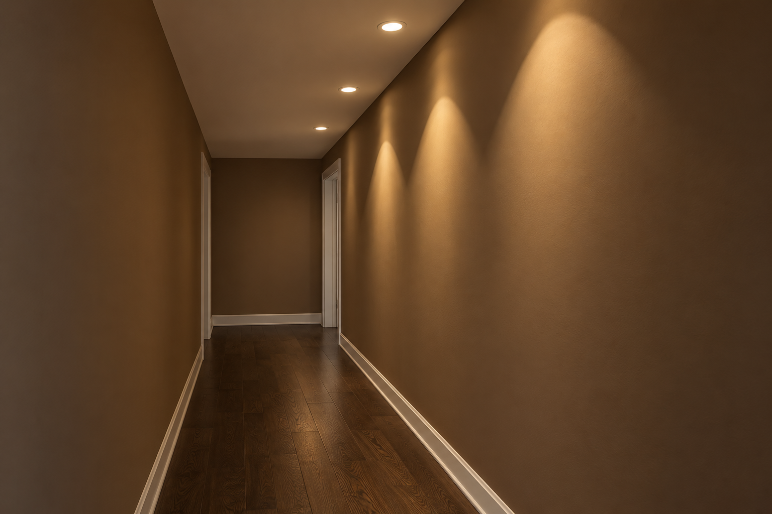 A hallway with a brown wall showing three bright arcs of light, one under each recessed light set close to the wall.