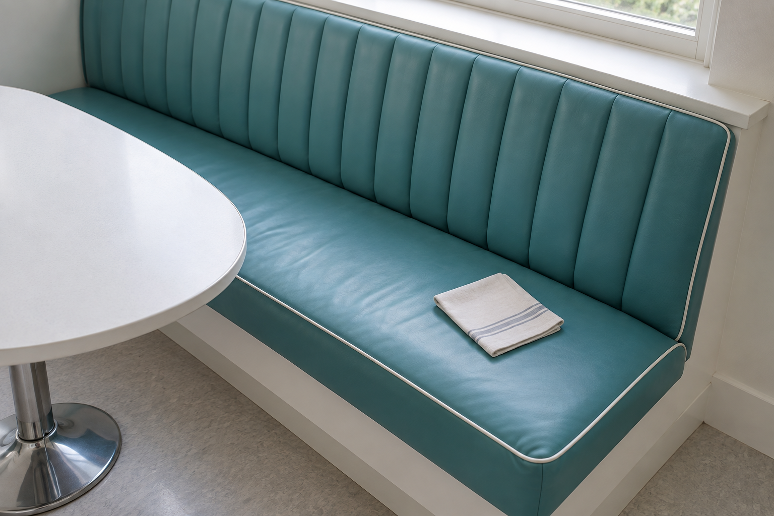 The seat of a turquoise banquette seen from above, from its piped front edge to a back cushion that is thicker at the bottom.