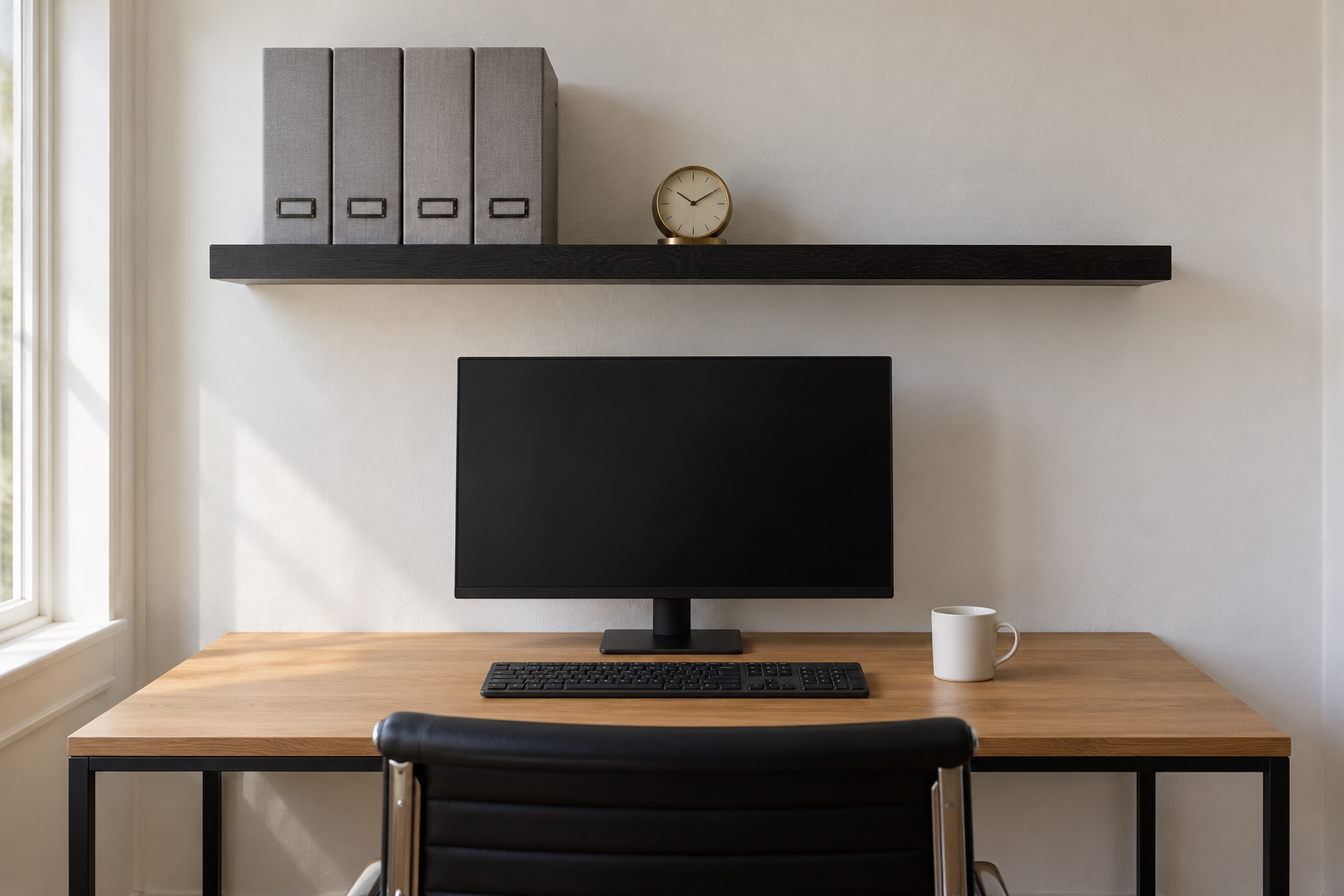 A black oak floating shelf above a desk, mounted clearly higher than the top of the monitor, with binders and a lamp on the shelf.