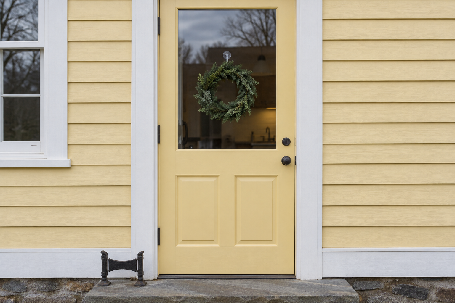 A small evergreen wreath hanging on the glass of a half-glazed yellow back door, with glass showing all around it.