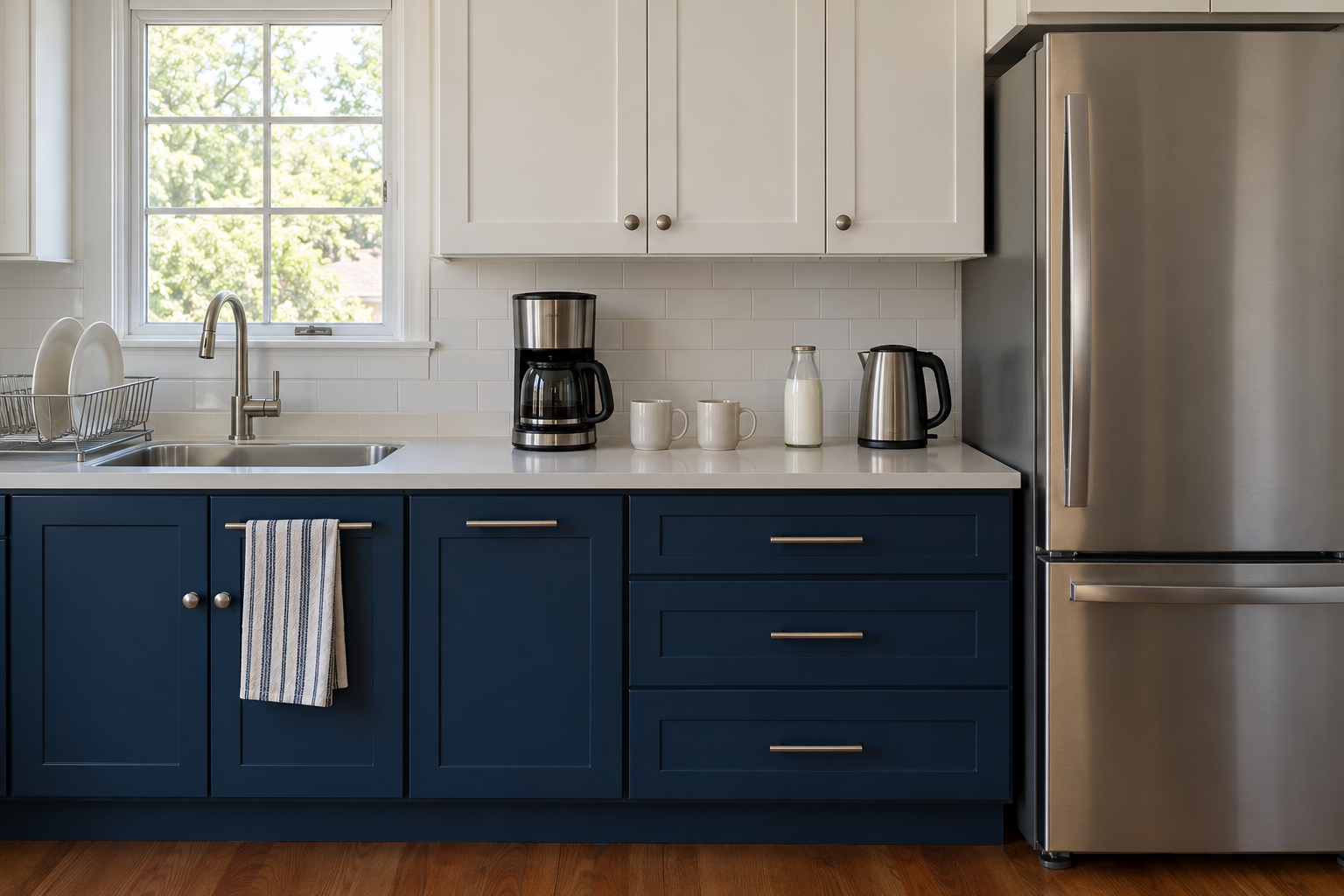 A coffee maker and kettle on the counter between a sink and a refrigerator, with navy lower cabinets.