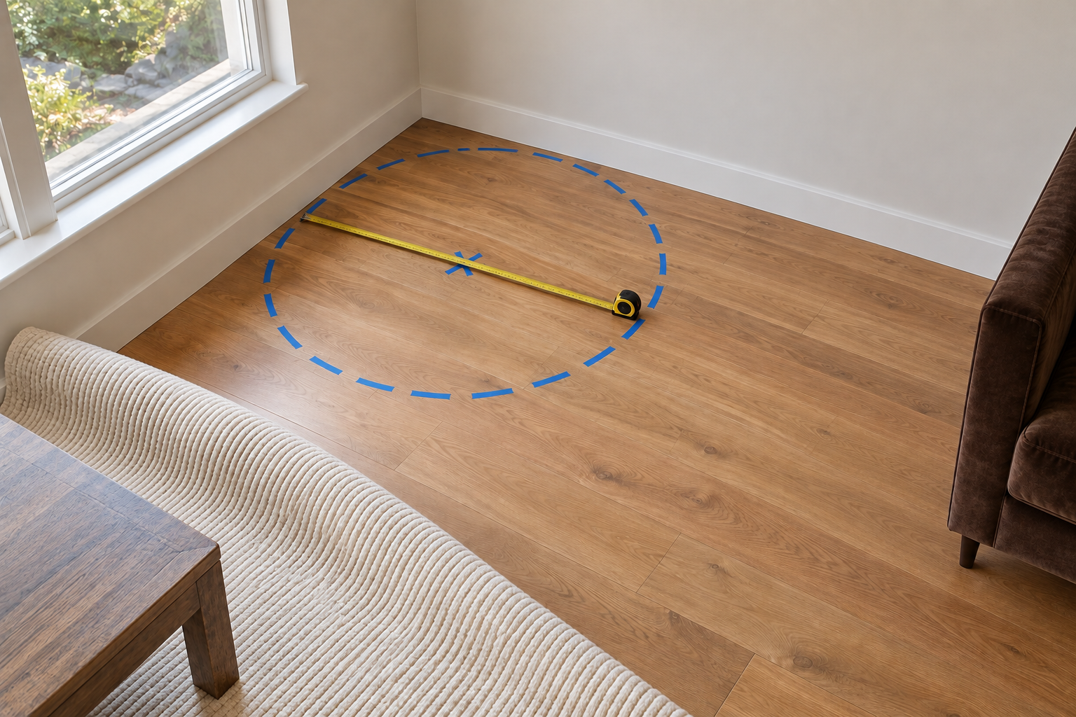 A circle of blue tape on an oak floor in the corner of a living room, marking where a Christmas tree will stand, with a tape measure across it.