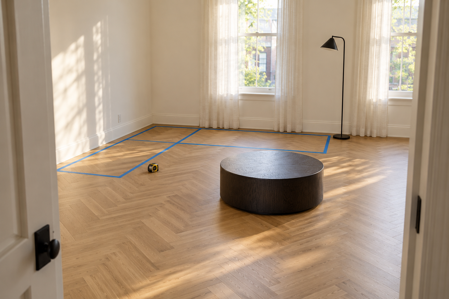 The empty corner of a living room with the outline of an L-shaped sectional marked on the herringbone oak floor in blue painter's tape, a coffee table standing in front of it, and a clear path past the end of the outline.