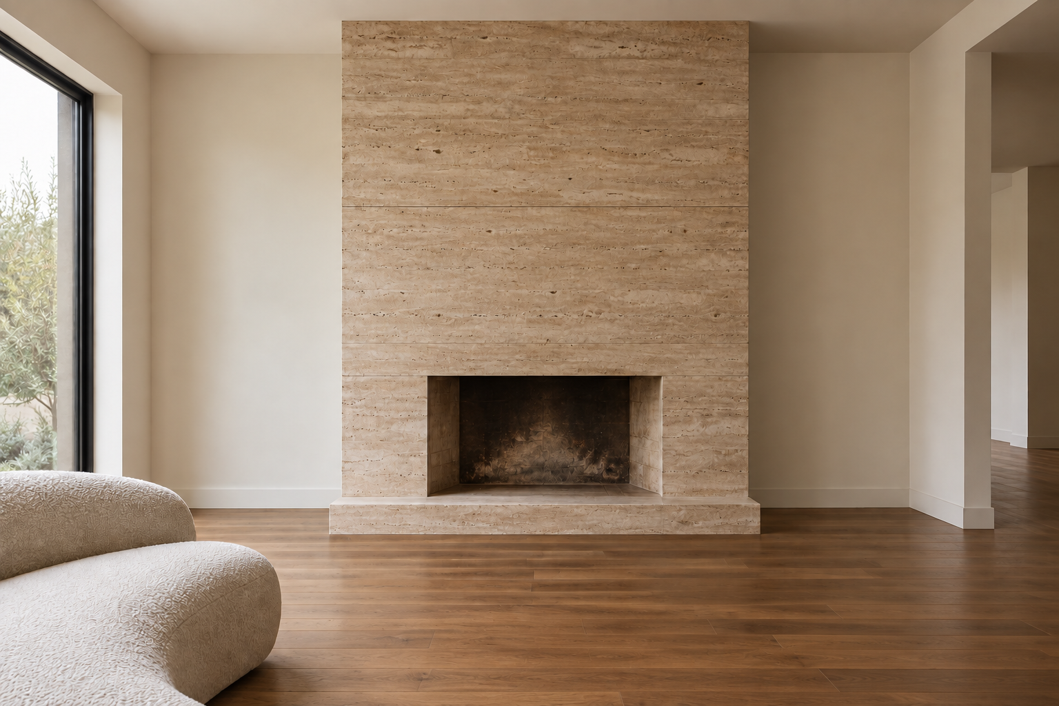 A fireplace clad in honed travertine from the hearth to the ceiling, with no mantel, in a room with a walnut floor.