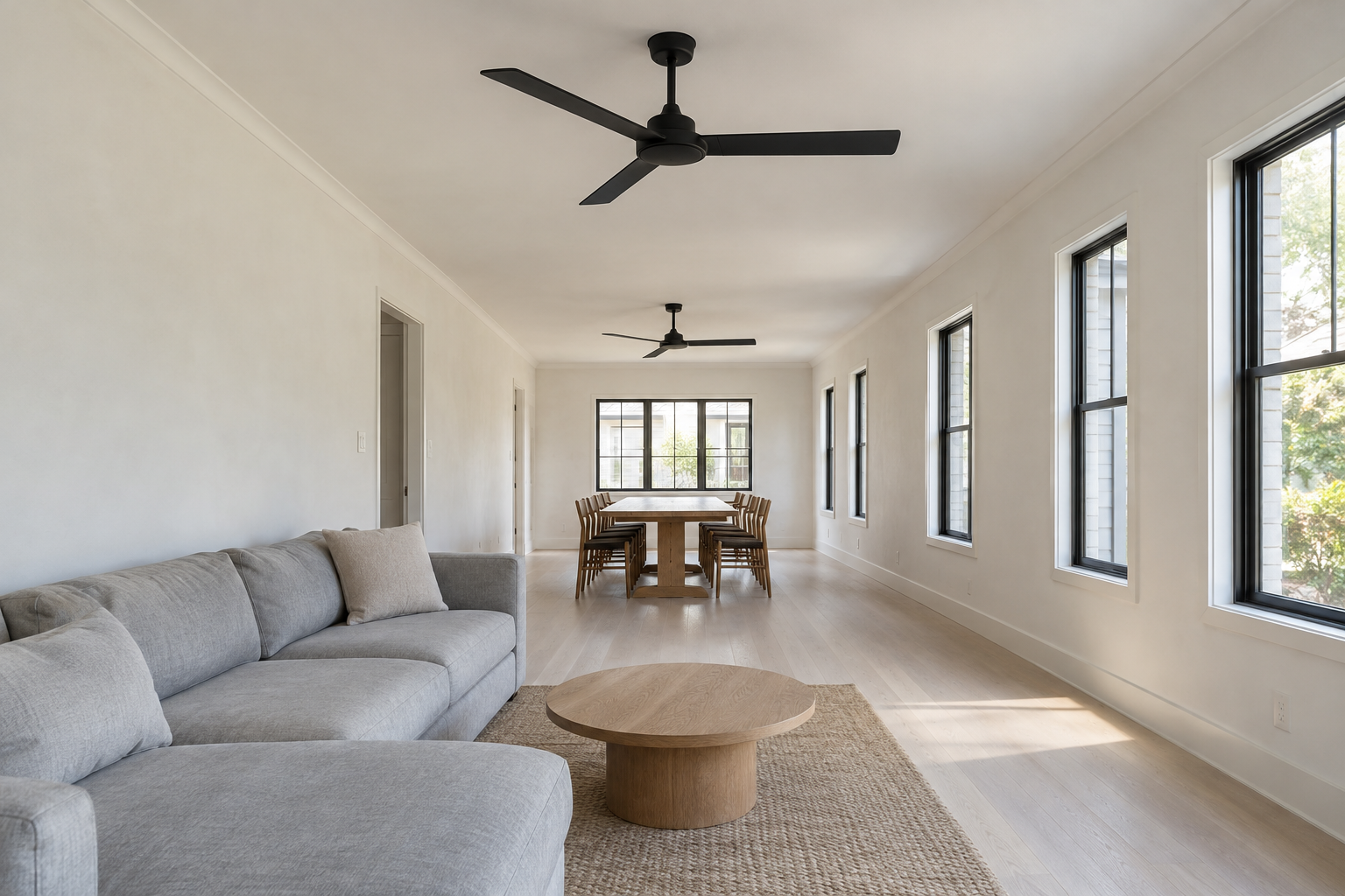 A long white room with two identical black ceiling fans, one over the sofa at the near end and one over the dining table at the far end.