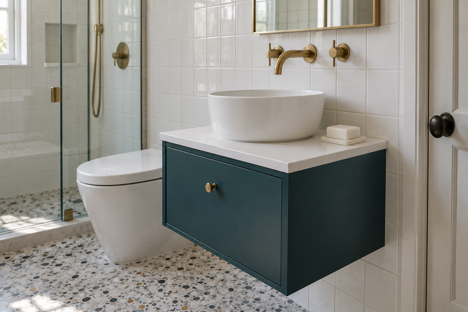 A round white vessel basin standing on the white top of a low wall-hung teal vanity, with a brass spout on the tiled wall above it.