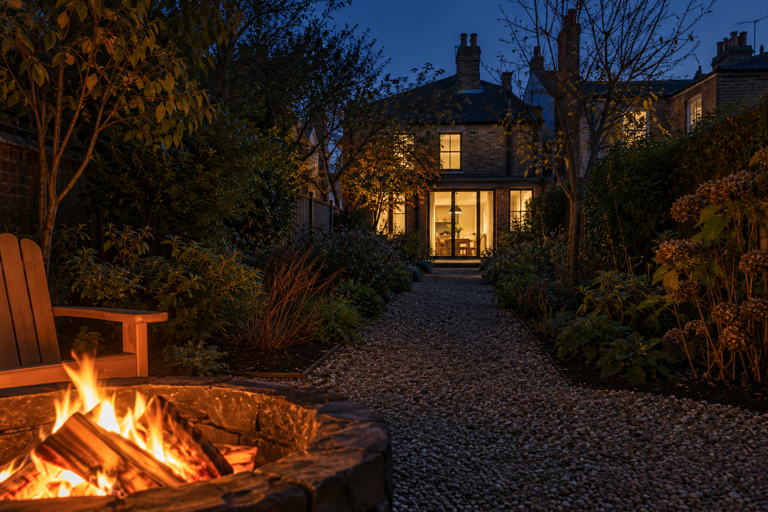 A view from beside a fire pit at the end of a dark garden, looking back along a path to a house with lit windows.