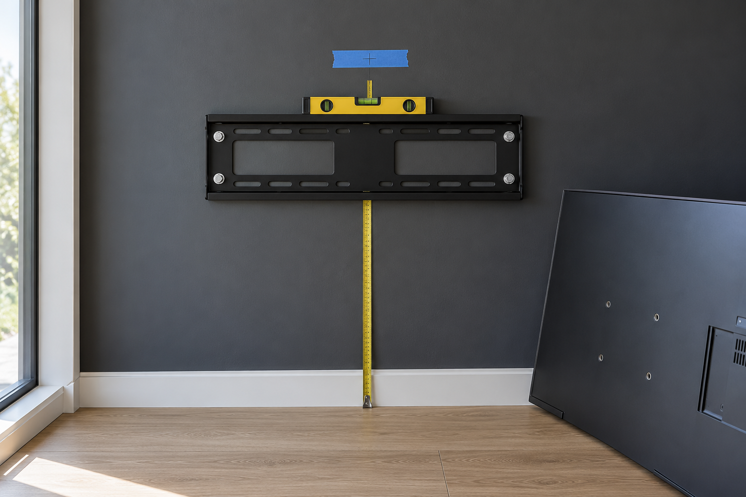 A black television wall plate screwed to a charcoal wall, with a spirit level resting on it and a strip of blue tape marking the planned center of the screen just above.