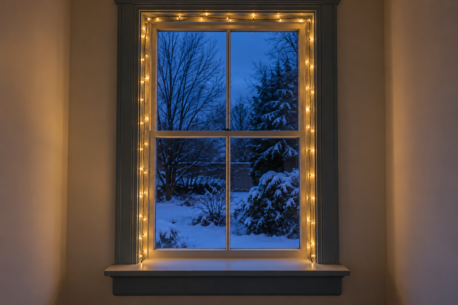 A window with slate blue painted frames outlined in small warm white string lights at dusk, with snow on the garden outside.