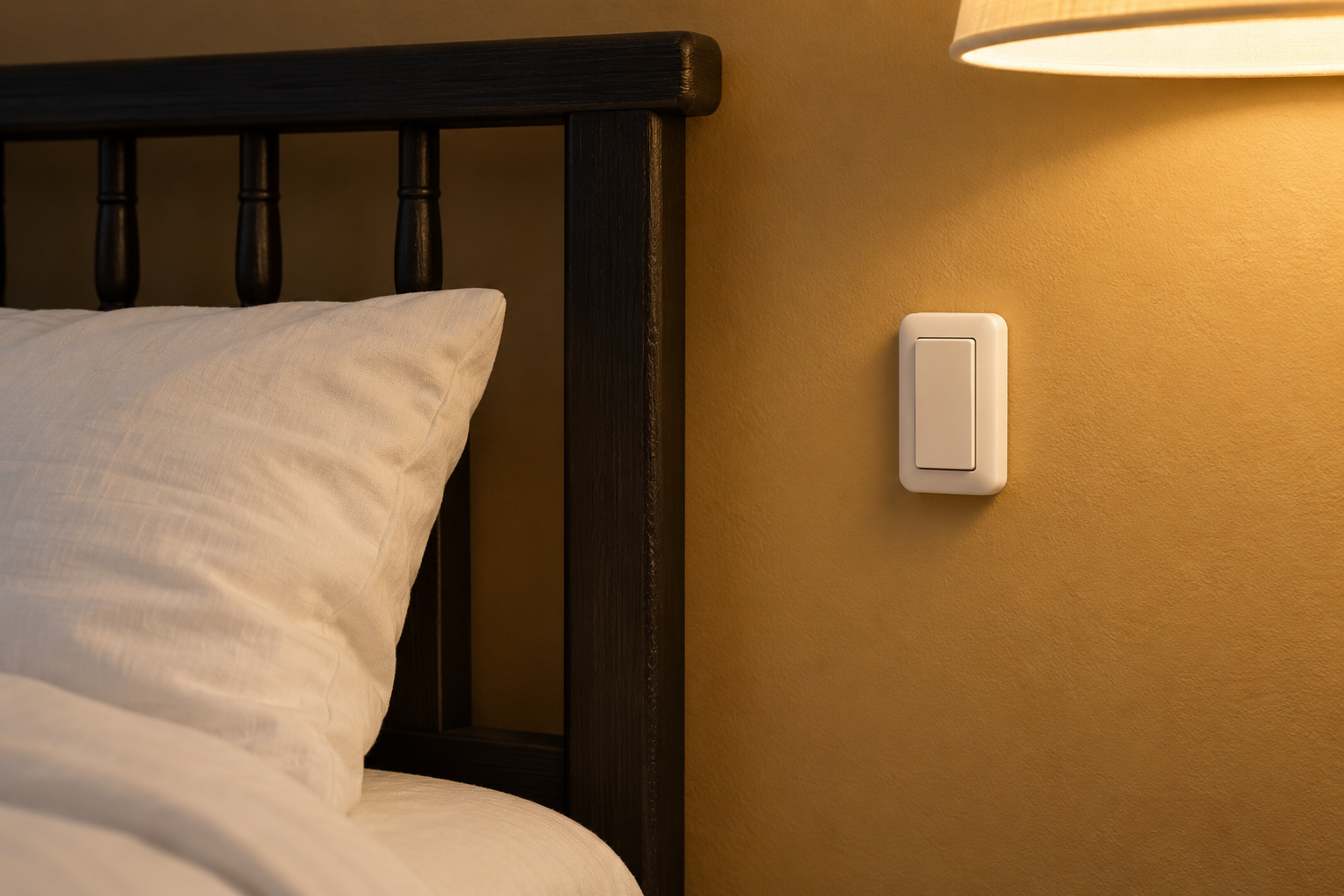 A small white wireless light switch on an ochre wall beside a black spindle headboard, at pillow height.