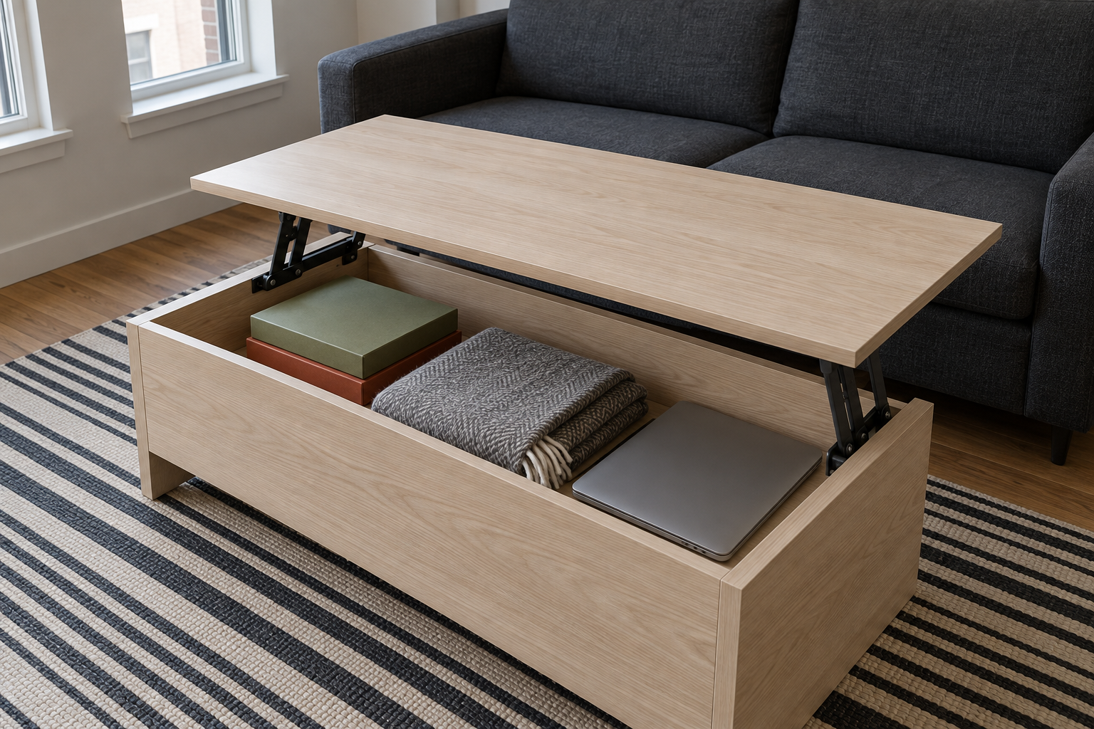 An ash coffee table with its top lifted, showing games, a blanket, and a laptop stored inside.