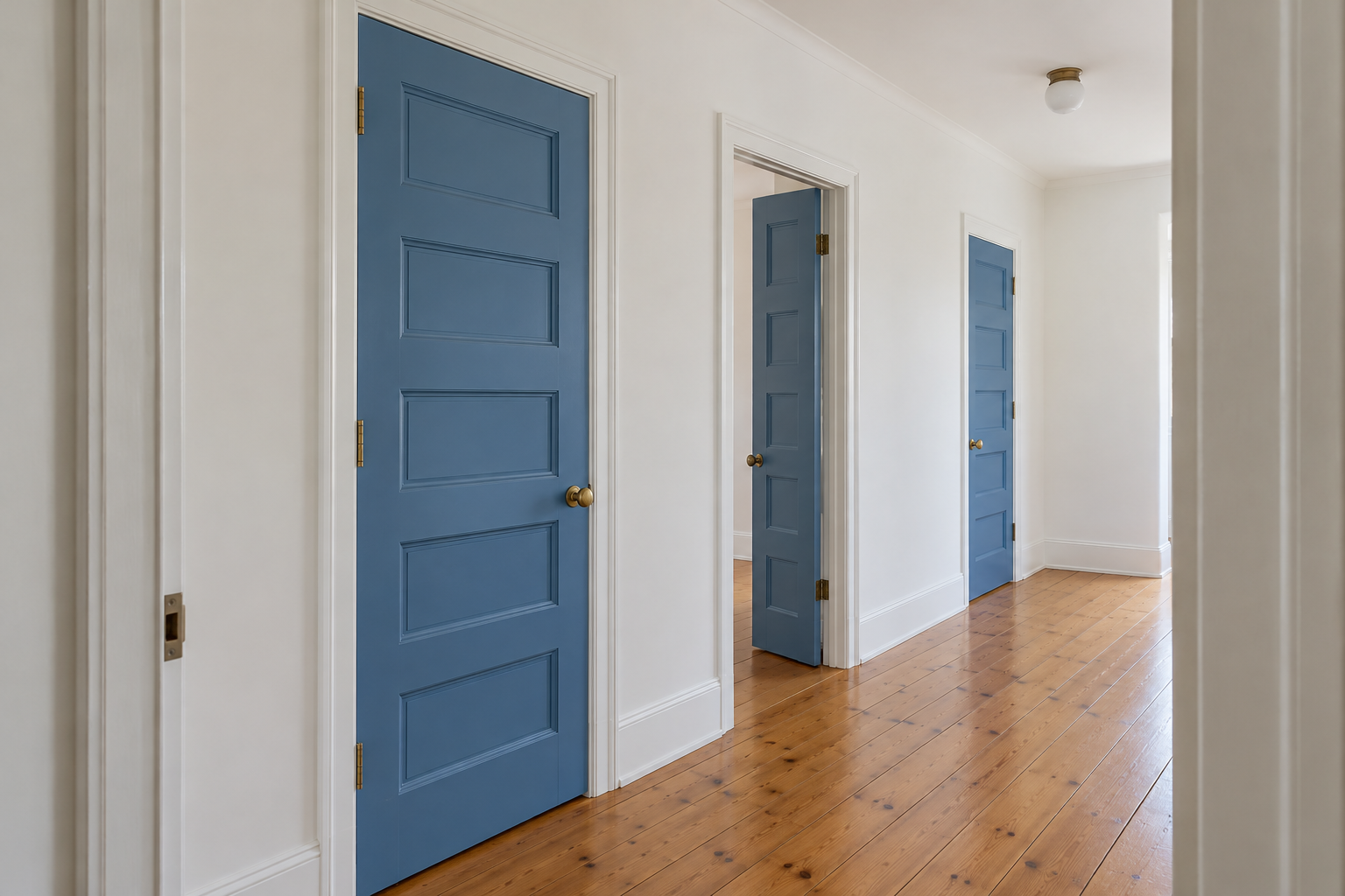 A white hallway with three paneled doors painted cornflower blue, seen from an open doorway.