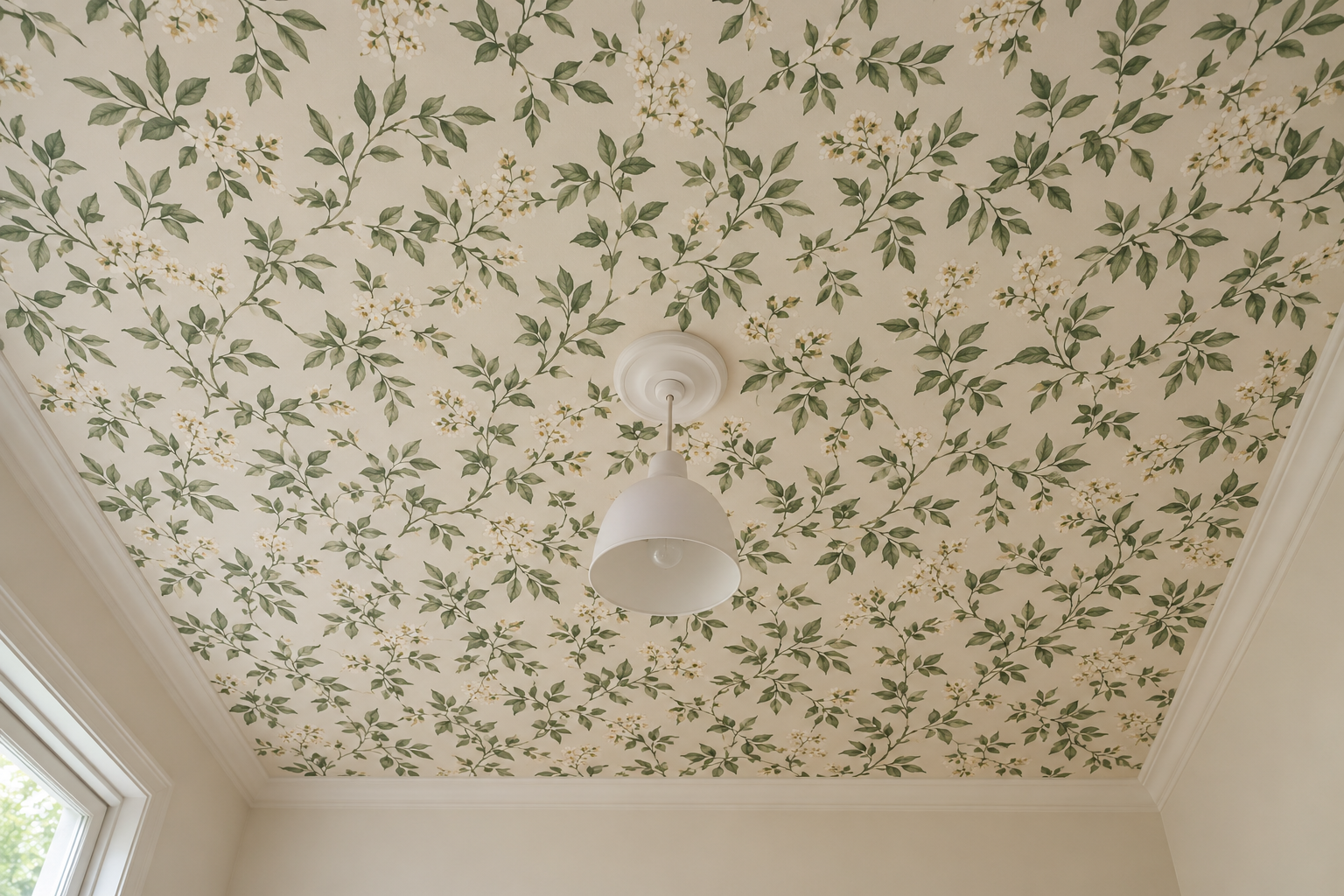 A bedroom ceiling covered in a green and cream botanical wallpaper, seen looking up, with a white pendant and plain cream walls below.