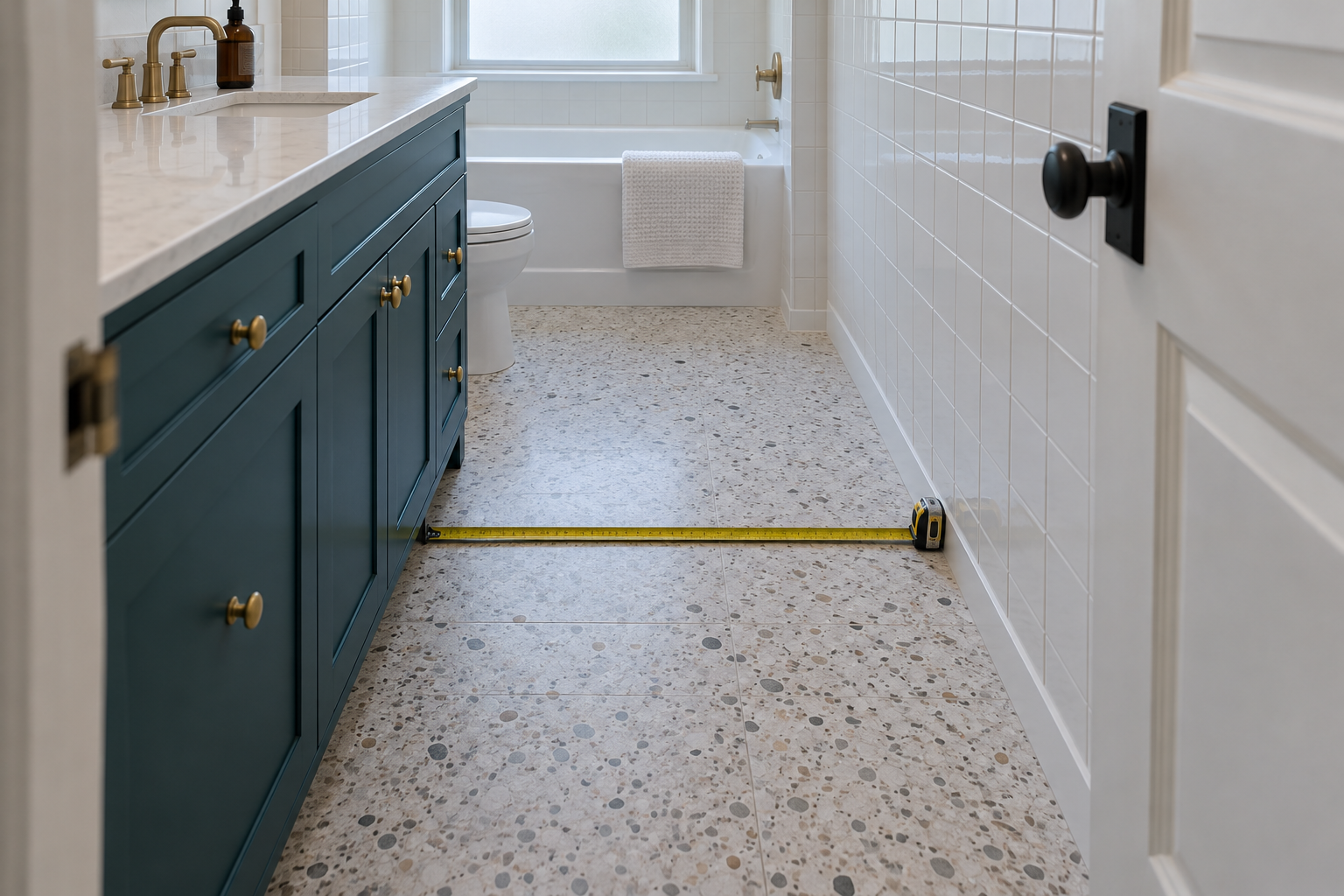 A view from a bathroom doorway of the clear terrazzo floor between a teal vanity and the tiled wall opposite, with a tape measure laid across it.