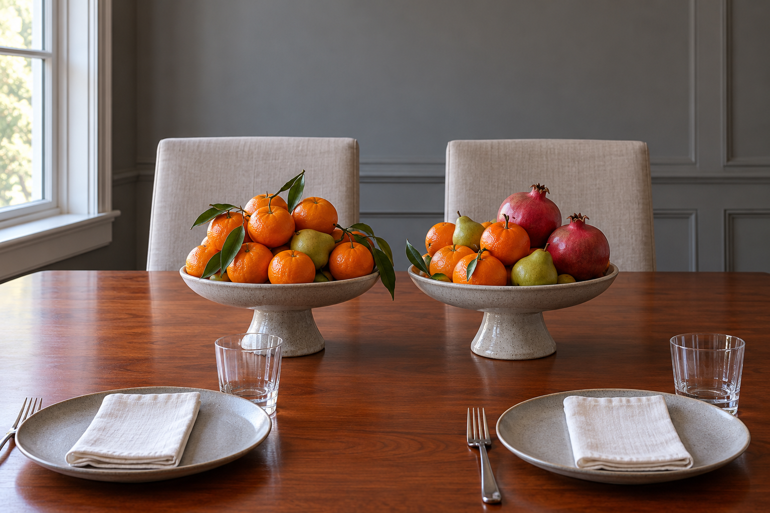 Two footed ceramic stands piled with clementines, pears, and pomegranates on a cherry dining table, low enough to see the chairs opposite.