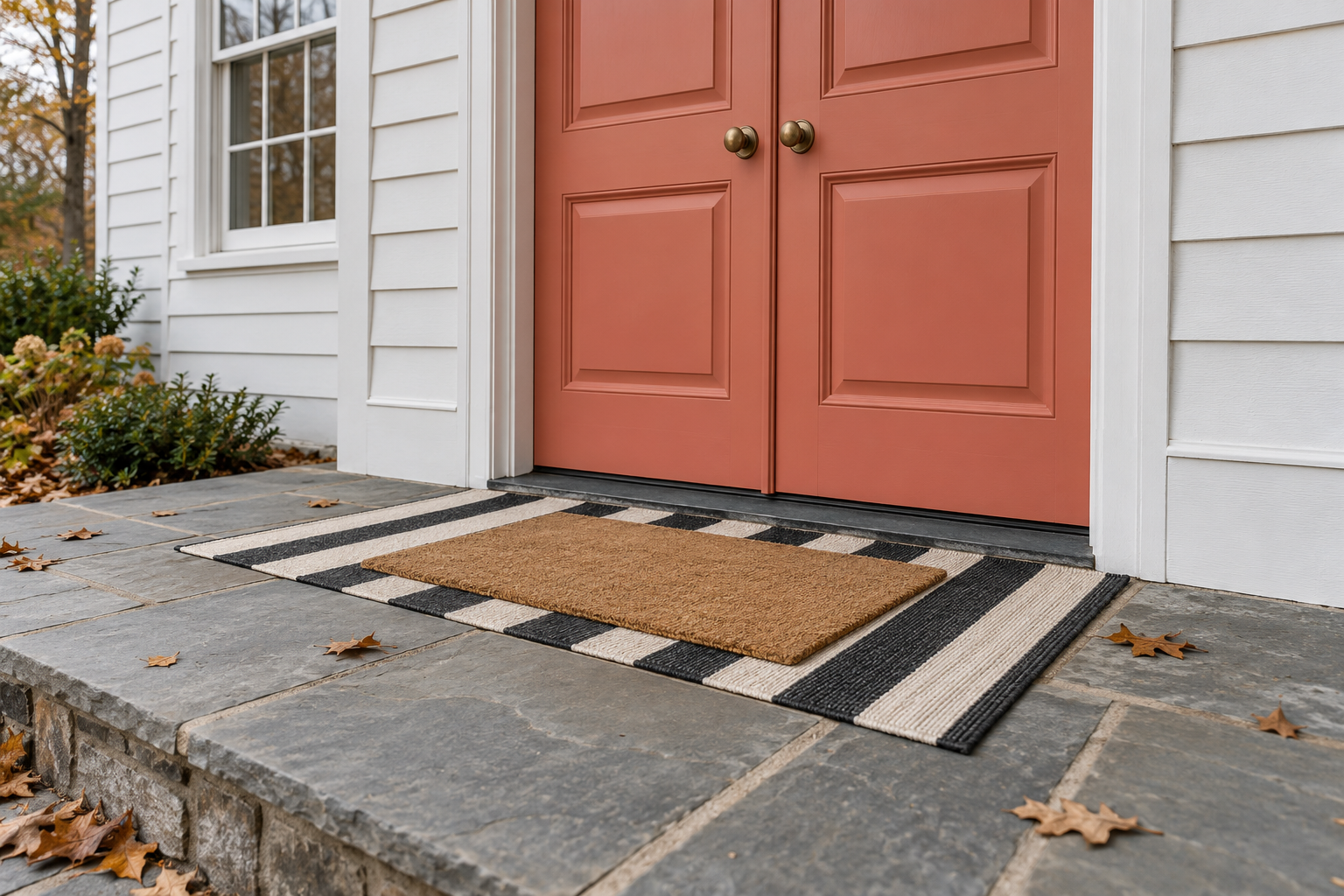 A plain coir doormat laid on a larger black and cream striped outdoor rug in front of coral double doors.