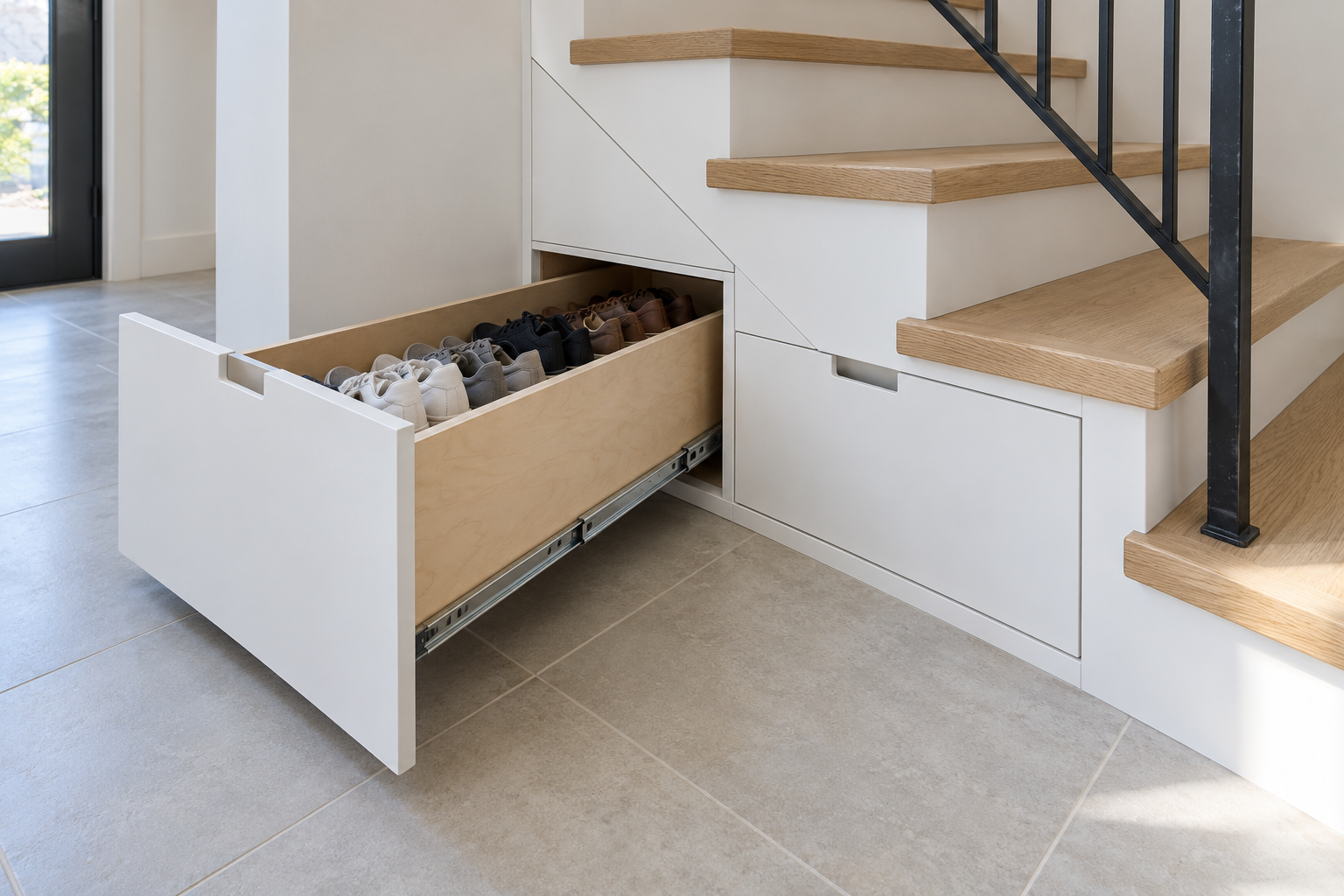 A long drawer pulled out from under the lowest steps of a staircase, filled with rows of shoes.