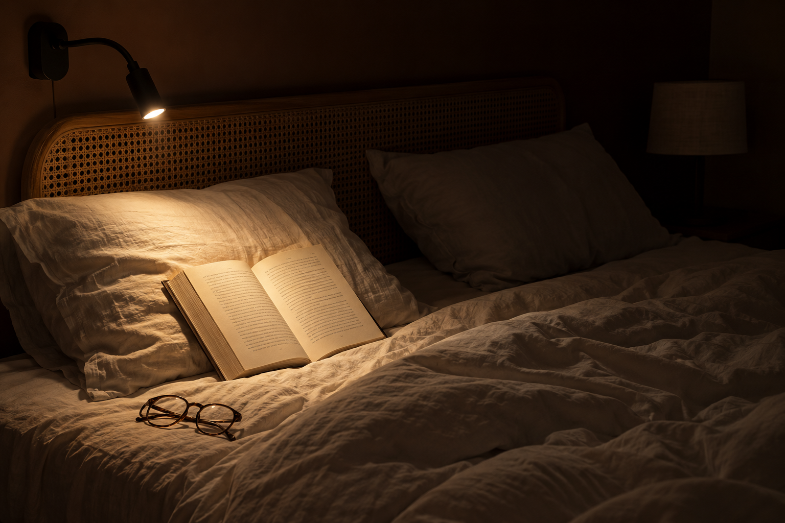 A small directional reading light casting a narrow beam on an open book in bed, with the other pillow in shadow.