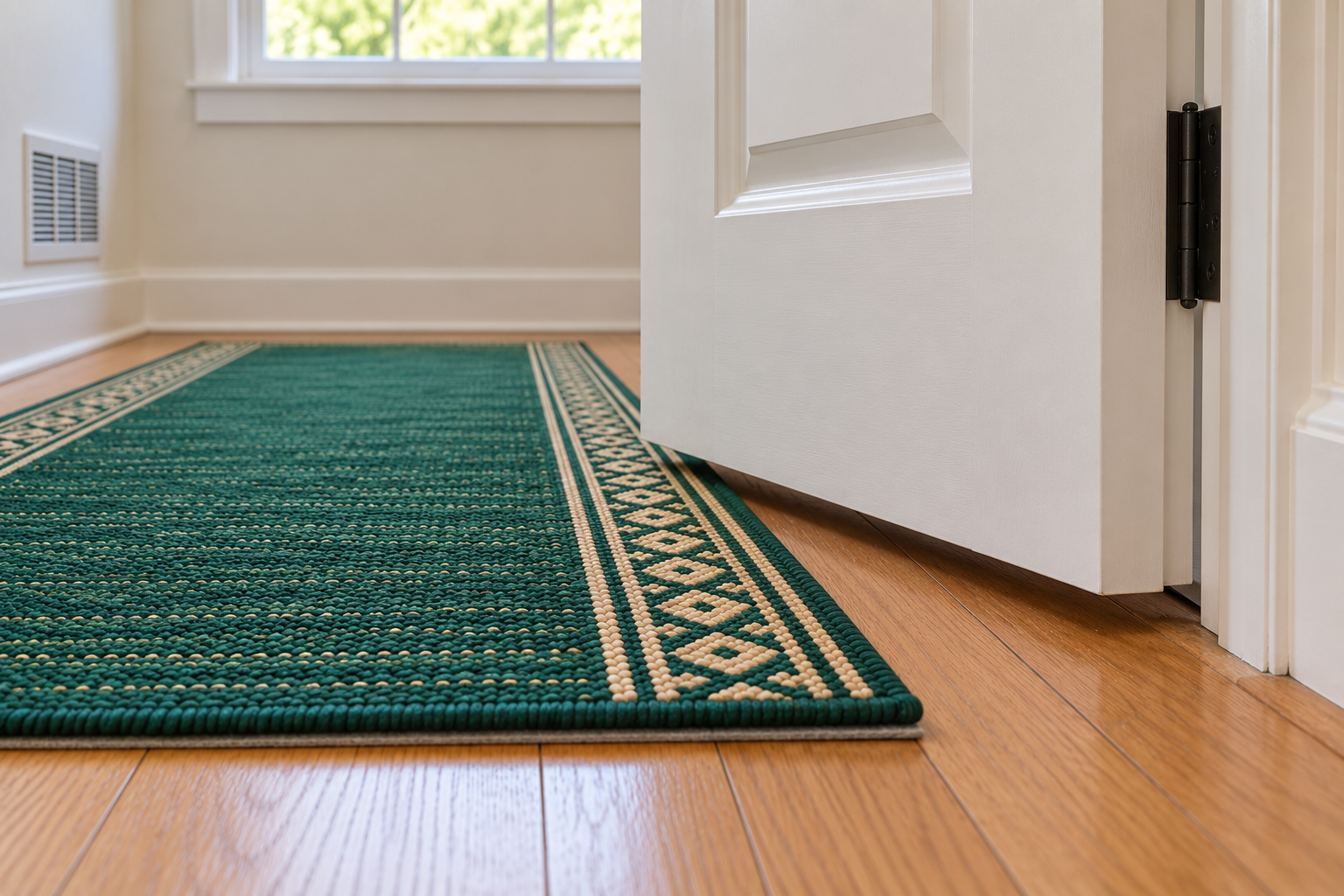 The bottom of a white door swinging over the edge of an emerald runner with a small clear gap between them.