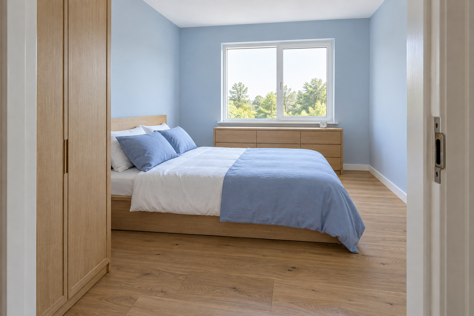 The view from a bedroom doorway toward a low dresser under the window, with a tall wardrobe beside the door.