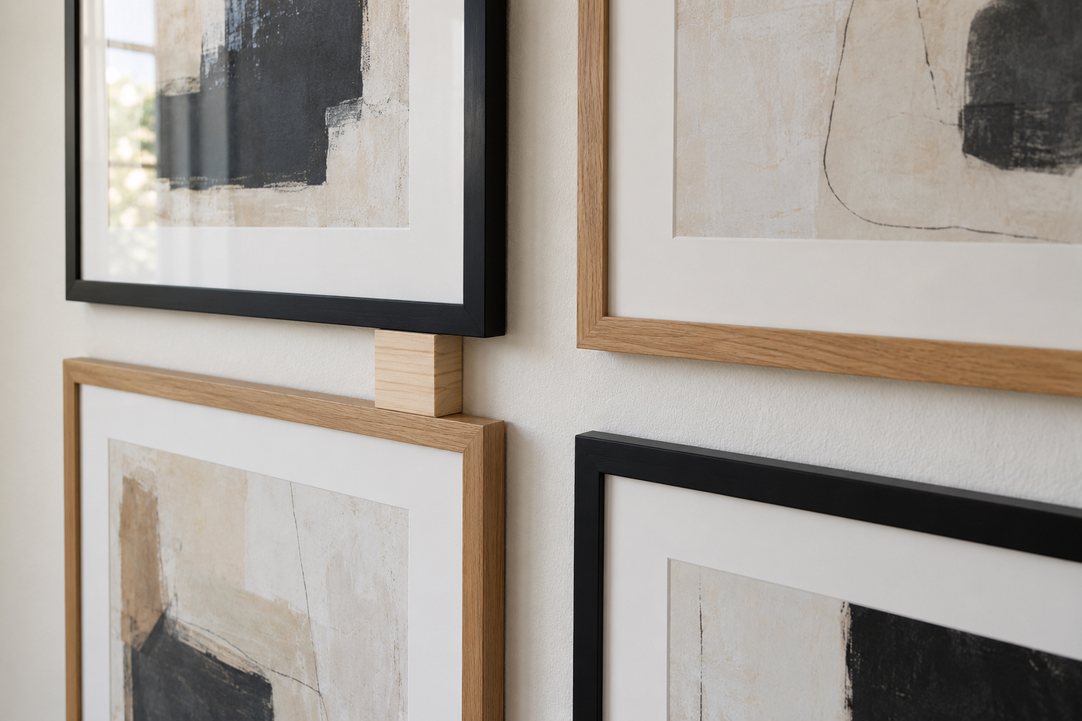 The corners of four frames on a wall with equal gaps between them and a small wooden block used as a spacer.