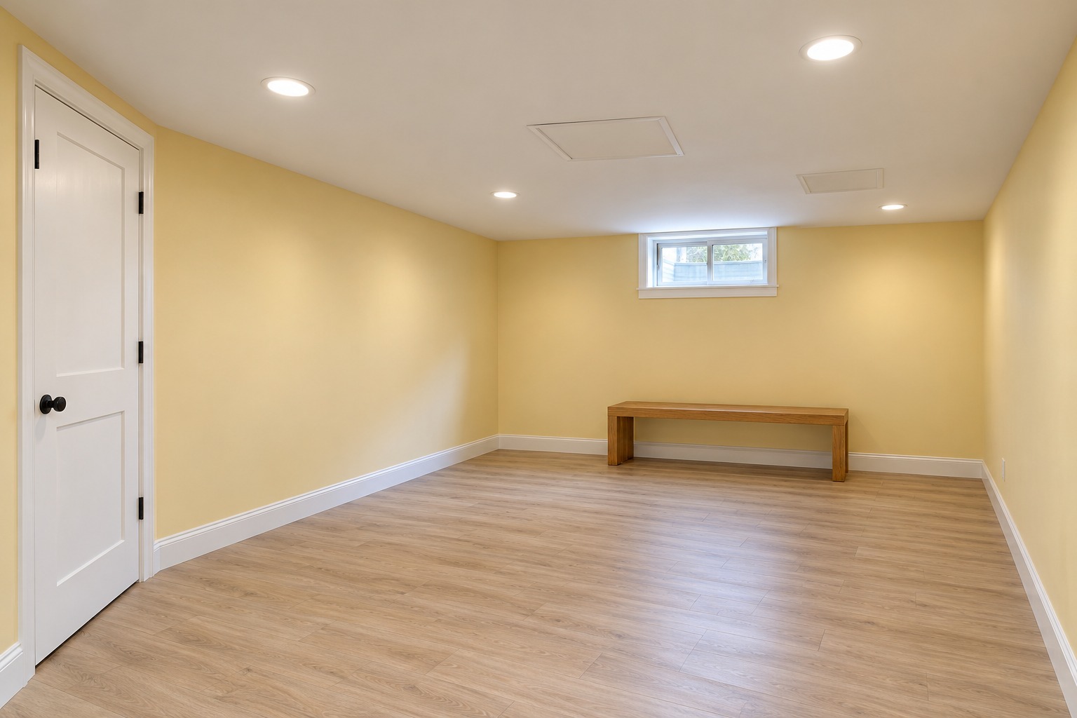 A basement room with a plain flat white drywall ceiling, two small square access panels set flush into it, and butter yellow walls.