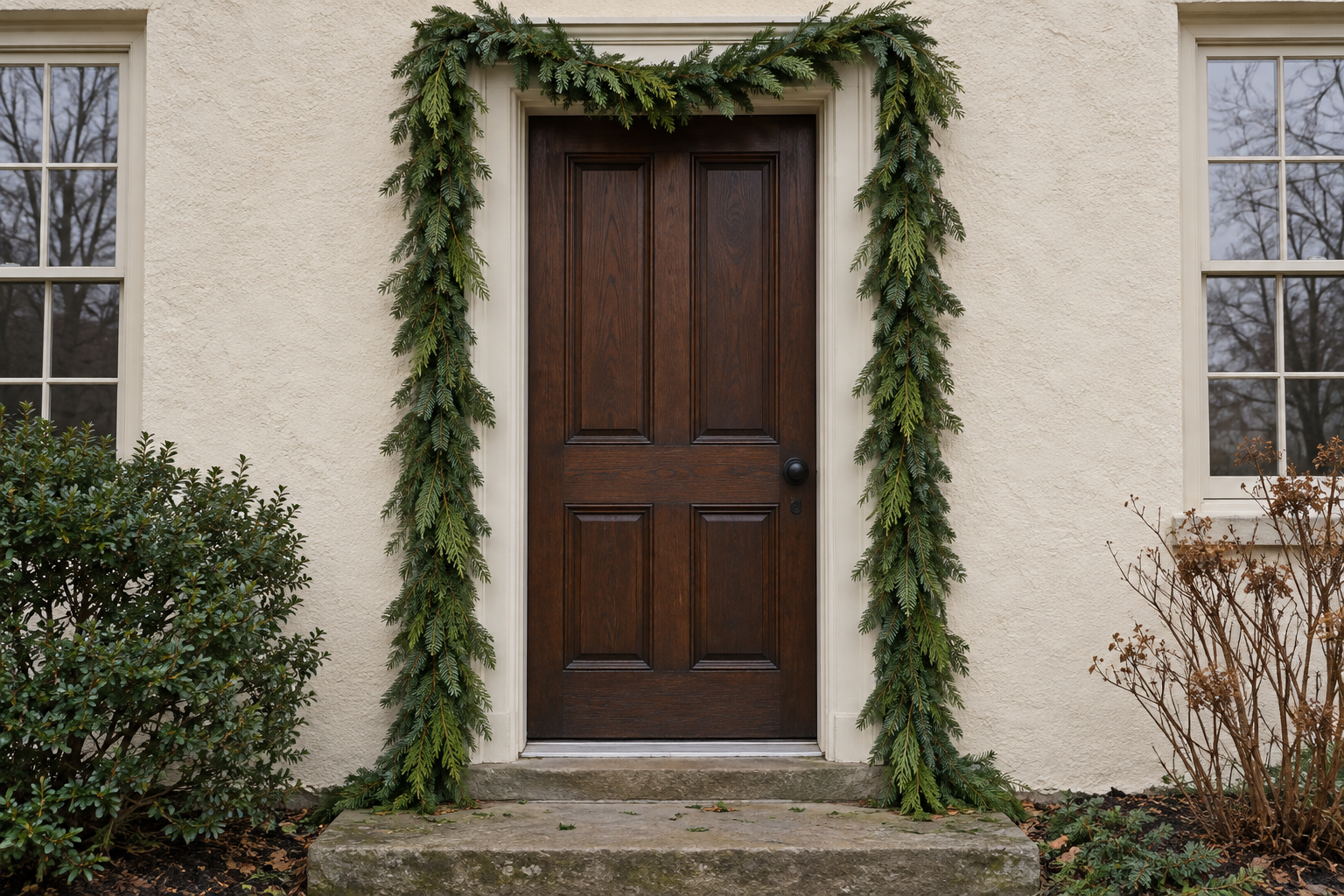 A dark oak front door in a cream stucco wall, framed by fresh garland running up both sides and across the top.