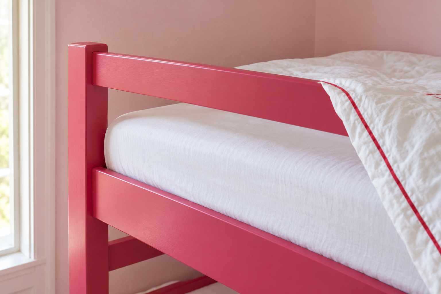 A close view of a raspberry pink bunk bed guardrail rising well above the edge of a white top bunk mattress.