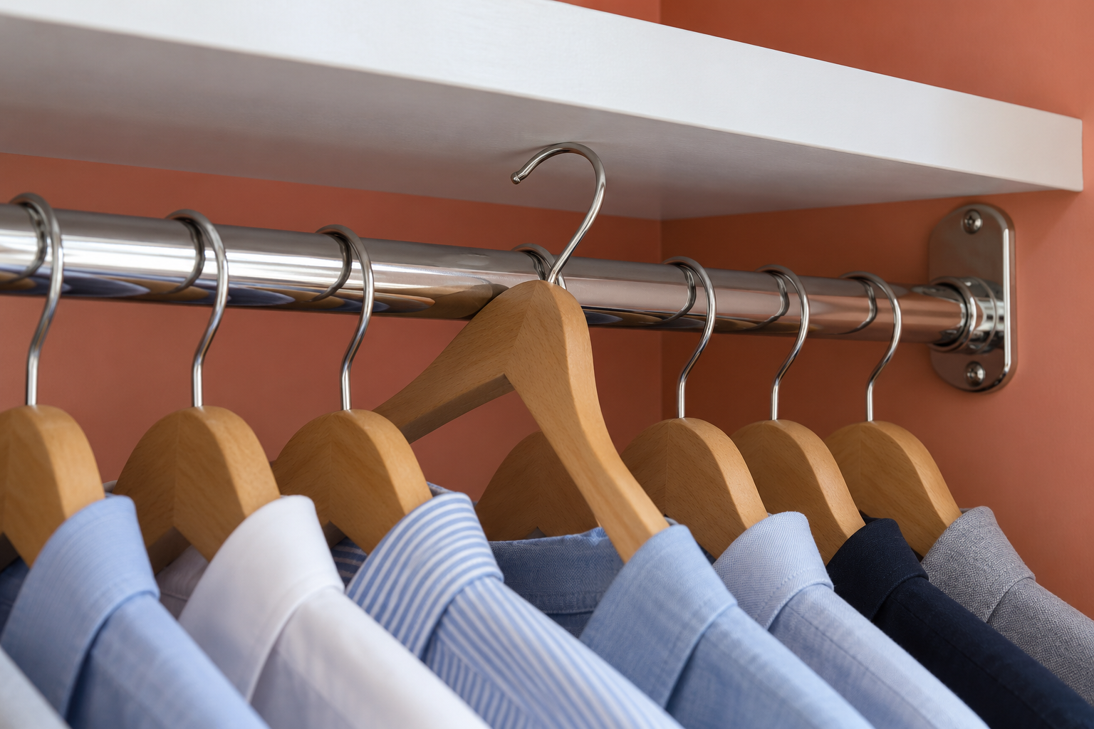 A wooden hanger tilted up off a chrome closet rod, its hook clearing the white shelf a couple of inches above.