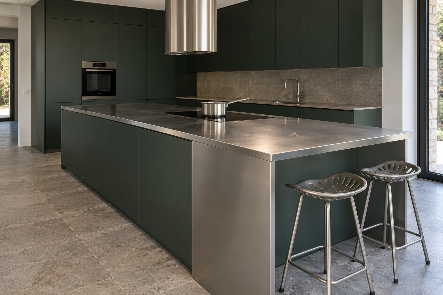 An island with a stainless steel top and a cooktop under a round ceiling hood, with two stools at the far end away from the burners.