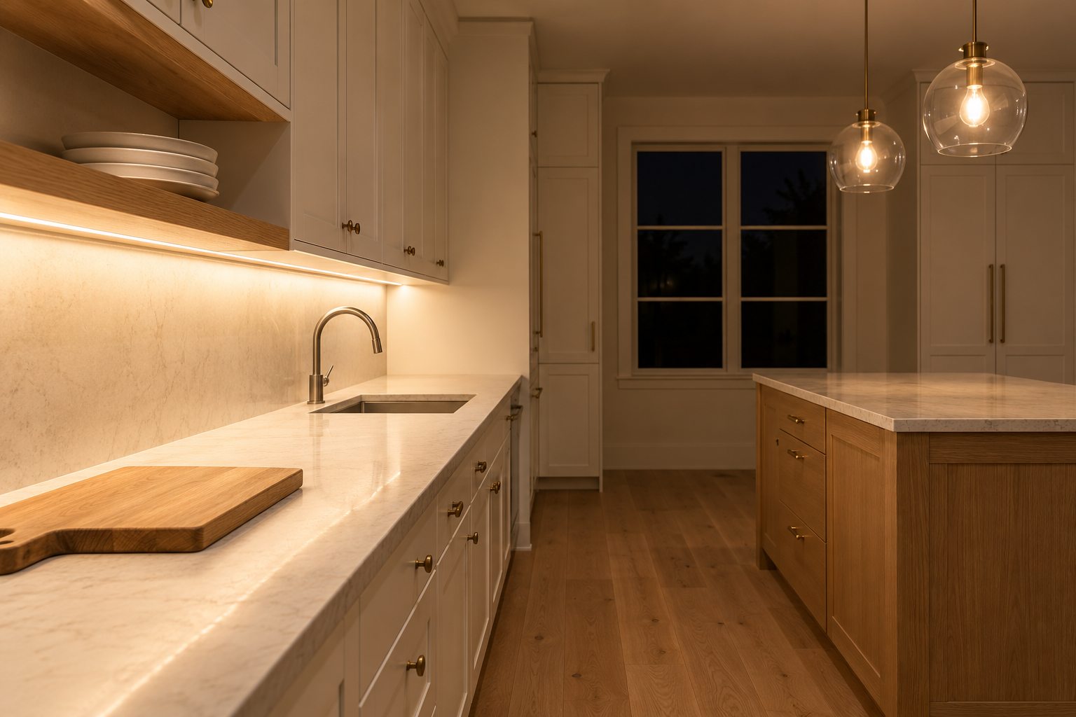 A white kitchen at night with two clear glass pendants and under-cabinet lighting in the same warm white over a pale stone counter.