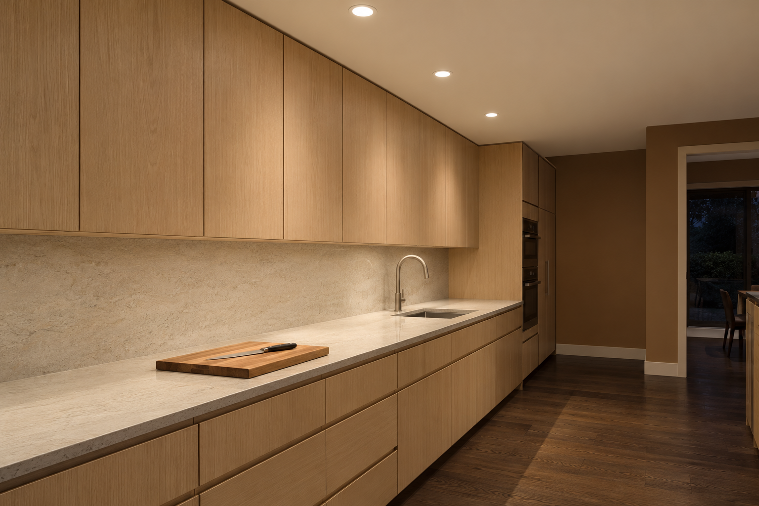 A kitchen counter run in the evening with three recessed lights in a line above its front edge, the whole counter evenly lit.