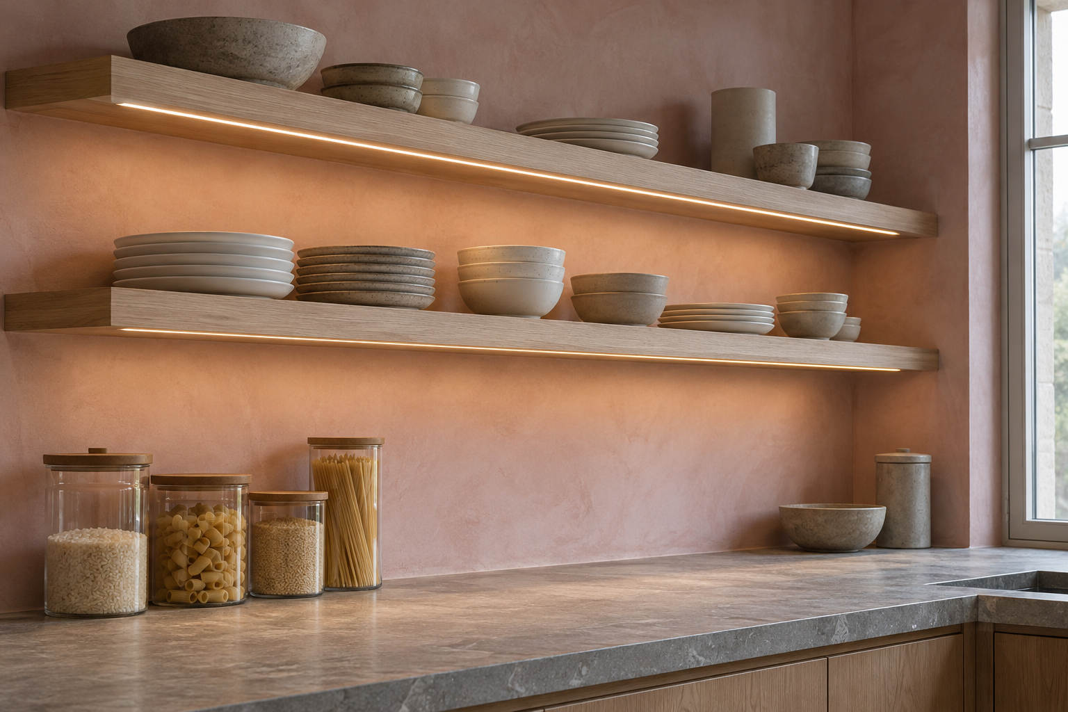 Thick pale ash shelves on a pink plaster kitchen wall, with light from the underside of each shelf falling on the plates below and on the counter.